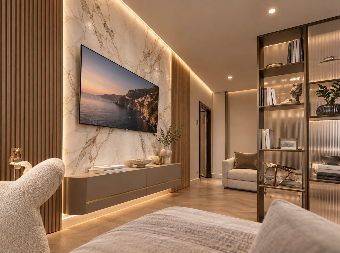 An incredibly lifelike, richly detailed, photorealistic eye-level interior photograph of a redesigned living room media zone set in an upscale contemporary urban apartment. The scene is illuminated by soft, concealed LED cove backlighting and warm recessed ceiling spotlights, creating an inviting, tranquil, and luxurious atmosphere. Captured with a 24mm tilt-shift architectural lens on a full-frame camera, emphasizing the tactile fluted wood grain, honed marble veining, and matte lacquer finishes. 

In this elevated design, the cluttered TV wall is transformed into a breathtaking focal feature with floor-to-ceiling vertical acoustic oak slats flanking a backlit, bookmatched Calacatta marble porcelain slab, onto which an ultra-slim OLED display is flush-mounted with entirely concealed cabling. Beneath it floats a minimalist, handle-free media console in matte taupe with brushed brass accents, subtly highlighted by warm floor-grazing illumination and styled with an asymmetrical ceramic vase, a sculptural travertine bowl, and art monographs. The dated white partition is replaced by a sophisticated bronze-framed, reeded-glass architectural screen, while light-toned chevron engineered hardwood flooring and clean, minimalist walls establish a harmonious, impeccably balanced sense of contemporary elegance.