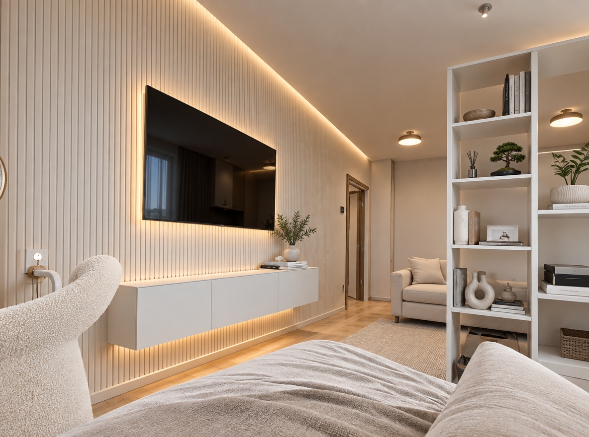 An incredibly lifelike, richly detailed, photorealistic wide-angle interior photograph of an elegant contemporary living room and entertainment area set in a chic, modern apartment. The scene is illuminated by soft, diffused daylight paired with subtle, integrated warm LED cove lighting beneath the media console, creating a tranquil, sophisticated, and inviting atmosphere. Captured with a professional full-frame camera and a 24mm wide-angle lens, emphasizing the crisp matte finishes, tactile wall textures, and clean architectural lines. 

The reimagined TV zone is centered around contemporary elegance, replacing the previous clutter with a sleek, floating matte-white media credenza featuring handleless push-to-open doors and flawless cable concealment. Mounted flush above it is a large, ultra-slim television framed by a stylish accent wall composed of vertical white fluted paneling and warm ambient backlighting. Balanced by a minimalist, floor-to-ceiling white open shelving partition that separates the sleeping and lounging areas, the space is curated with artisanal ceramic vases, monochrome coffee table books, and a single sculptural bonsai. Flowing over light-toned Scandinavian oak flooring, the composition delivers an expansive, serene, and beautifully balanced aesthetic designed for refined everyday living.