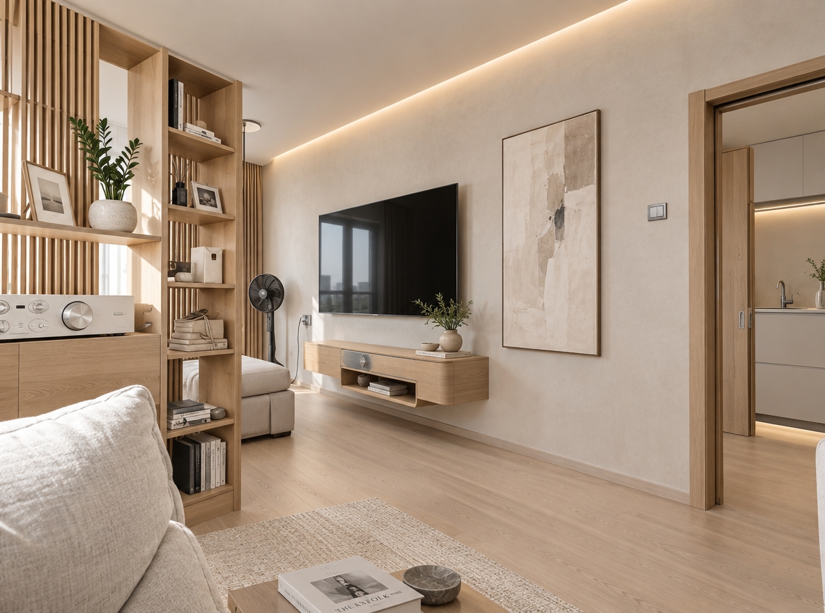An incredibly lifelike, richly detailed, photorealistic wide-angle shot of a serene living room transformed into a minimalist haven set in an airy urban apartment. The scene is illuminated by soft, diffused morning daylight complemented by subtle warm LED cove lighting recessed into the ceiling, creating an uncluttered, tranquil, and Zen-inspired atmosphere. Captured with a 24mm prime lens on a full-frame camera, emphasizing the smooth textures of light-toned microcement walls, fine blonde oak grain, and soft woven linen textiles. 

The reimagined space trades the dated floor and exposed clutter for seamless pale ash hardwood planks and an immaculate monochromatic palette of crisp whites, soft grays, and muted warm neutrals. Along the feature wall, an ultra-slim, flush-mounted television seamlessly integrates above a sleek, low-profile floating console crafted from light oak and brushed aluminum, cleanly hiding all wiring. In place of the cramped divider, an elegant vertical wood-slat partition subtly zones the resting area while preserving natural light and architectural flow. Minimalist, functional decor punctuates the calm setting—a curated hardbound photography book rests on a streamlined coffee table, a large-scale monochromatic abstract canvas grounds the expansive wall, and a sculptural potted indoor plant introduces vibrant organic warmth into this effortlessly sophisticated, balanced sanctuary.