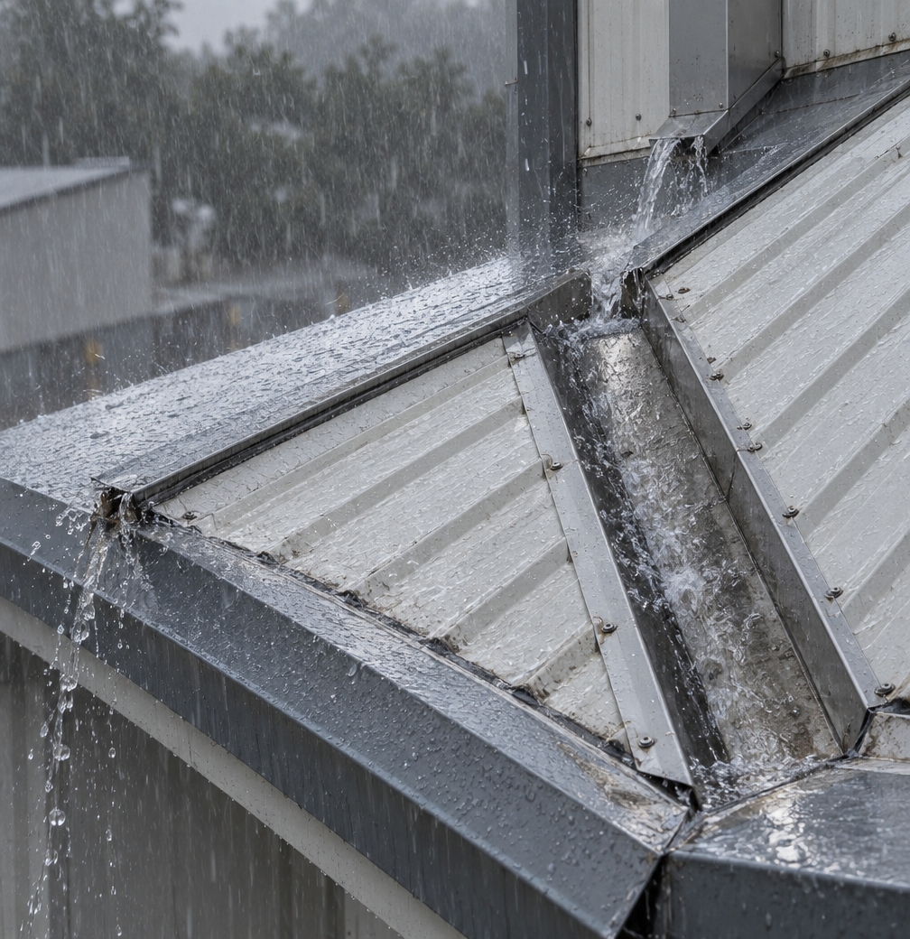 High-angle documentary photograph of the exact sloped roof assembly during heavy rain, showing corrugated insulated sandwich panels meeting at a recessed stainless steel gutter seam. Rainwater visibly streams, pools, and leaks through the compromised metal joint, creating wet specular highlights, splashing droplets, and active water runoff across realistically textured painted sheet metal. Cool, diffuse overcast daylight illuminates the industrial structure with soft reflections on the damp surfaces, faint natural weathering, and authentic atmospheric mist captured sharply on a 35mm lens.