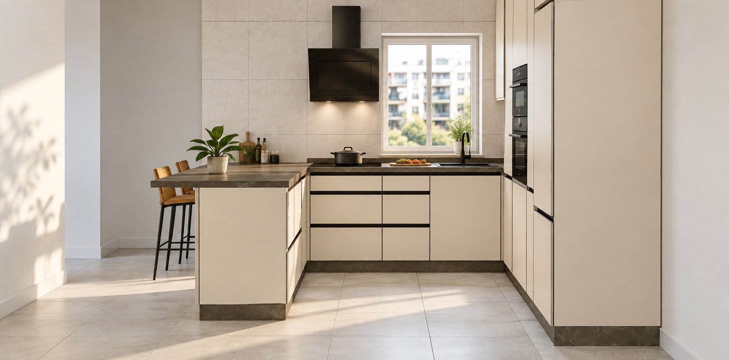 A crisp architectural photograph captures this exact U-shaped kitchen composition, preserving every layout element, material, and geometric line precisely. Natural daylight streams through the window, casting authentic soft ambient light and gentle directional shadows across the smooth matte cream cabinet fronts and textured dark stone countertops. The black range hood and built-in appliances feature realistic subtle reflections and delicate specular highlights. Subtle tactile textures define the light tiled backsplash and floor tiles, grounded by balanced contrast, natural depth of field, and clean interior photography exposure.