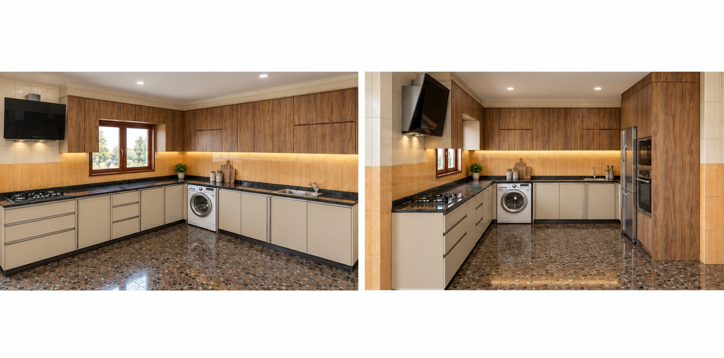 A crisp, photorealistic architectural photograph capturing the exact dual-perspective composition and geometry of the kitchen, maintaining every architectural line, cabinet dimension, and appliance placement without alteration. The scene is illuminated by clean, soft neutral-white daylight and gentle ambient ceiling fill, creating soft-edged contact shadows and eliminating harsh contrasts for a bright, airy atmosphere. The upper cabinets exhibit realistic vertical natural wood grain with tactile matte-varnish texture, while the lower cabinets feature smooth, soft-sheen beige surfaces with crisp edge seams. The polished dark stone countertops display subtle mineral depth and realistic, diffuse specular reflections of the ambient light. The backsplash shows warm honey-toned wall tiles with delicate surface sheen and defined grout lines, while the dark aggregate terrazzo floor reflects authentic polished stone flecks with gentle light bounce. Built-in appliances, including the white front-loading washing machine, recessed cooktop, chrome sink hardware, and stainless steel tall unit housing the refrigerator and ovens, display authentic metallic finishes, subtle glass reflections, and true-to-life manufacturing details, photographed with a sharp rectilinear lens that preserves accurate perspective, rich micro-textures, and high-clarity tonal balance throughout.