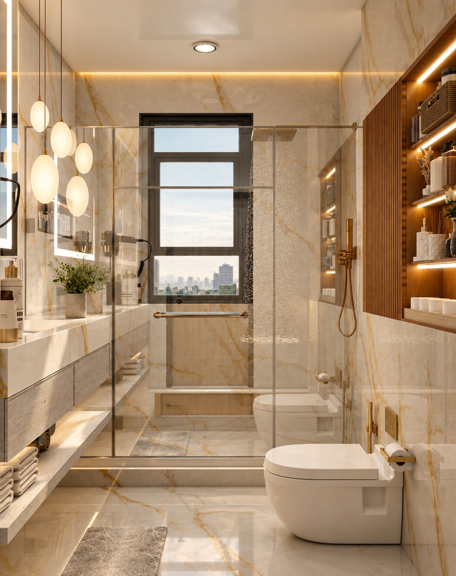 A crisp architectural photograph capturing the exact bathroom scene bathed in warm, enhanced lighting with an inviting palette of creamy beige and golden tones. Soft 3000K illumination emanates from the recessed shelf LEDs and ceiling cove, casting gentle gradients across the veined beige marble walls and polished porcelain surfaces. The glass shower partition displays authentic micro-reflections and faint surface realism, while the brushed brass hardware exhibits a soft, natural metallic luster. Shot with a sharp tilt-shift lens, the frame features balanced ambient daylight from the window, smooth falloff shadows, and subtle photographic grain that eliminates any synthetic sheen.