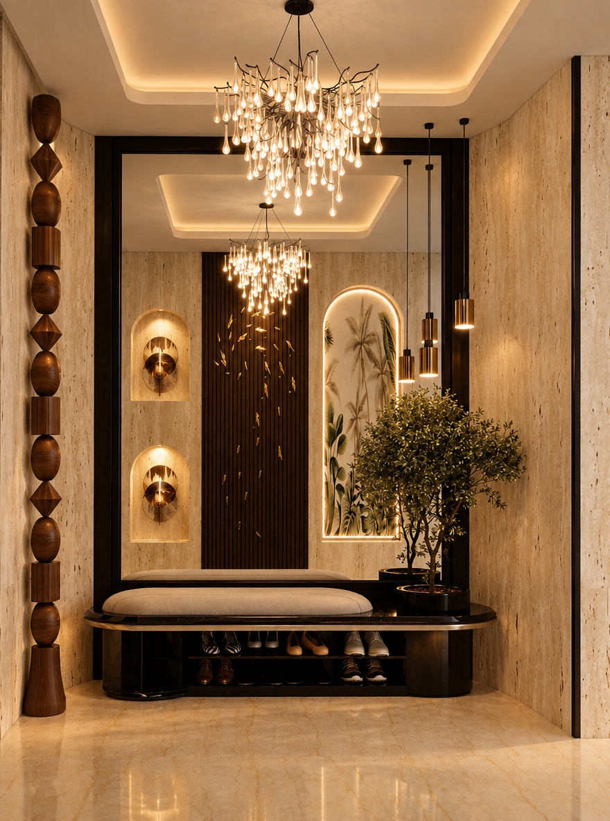 A warm, architectural photograph of the exact entryway, illuminated by rich, layered 2800K lighting in creamy beige tones. Soft light glows from the intricate glass chandelier and recessed wall sconces, casting authentic reflections across the beige travertine walls, polished floor, and black lacquered console. Shot on a sharp 35mm lens, the scene features natural material micro-textures, subtle lens bloom, faint optical falloff, and delicate film grain for authentic photorealism.