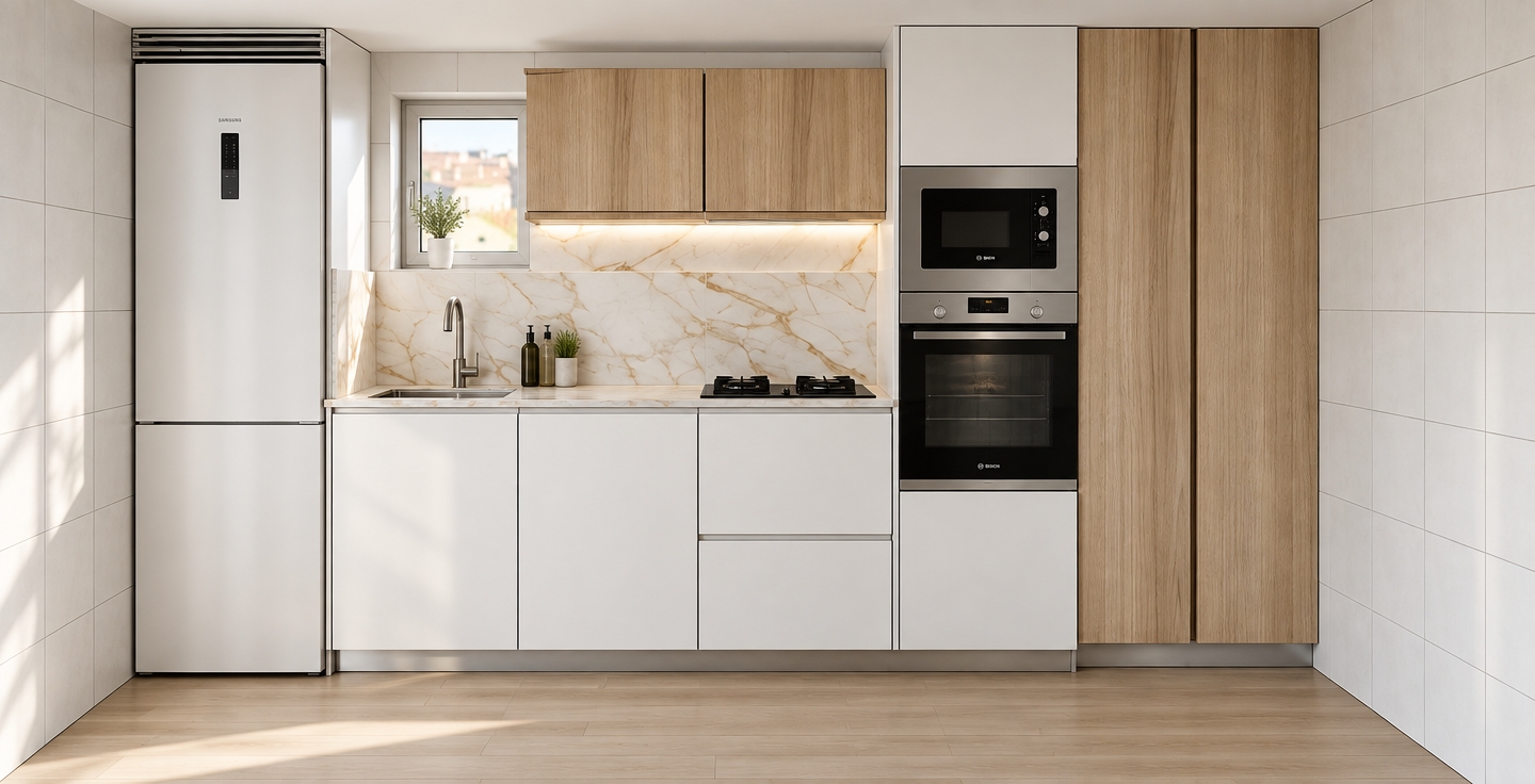 A crisp architectural photograph capturing the exact modern kitchen layout, faithfully preserving every material texture and surface. Soft natural daylight pours in through the small window, casting gentle highlights across the polished marble countertop with faint gold veining, the tactile vertical grain of the light oak cabinets, and the brushed stainless steel appliances. The white cabinetry and surrounding tile walls display subtle matte finishes and natural micro-reflections, grounded by realistic contact shadows. Captured straight-on with an architectural tilt-shift lens, the shot features balanced interior exposure, natural depth, and clean photographic clarity without artificial sheen.
