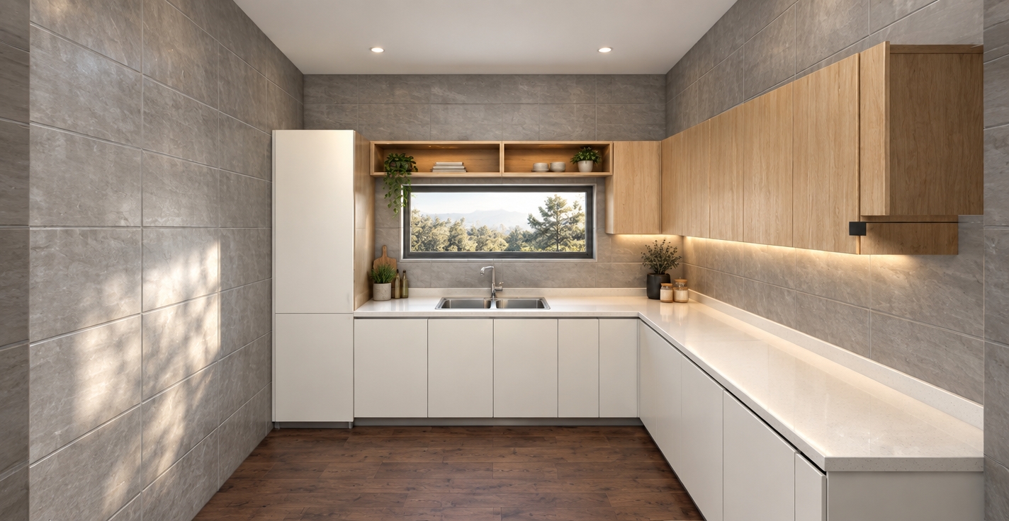 A realistic architectural photograph of the identical kitchen setup, captured with a wide-angle tilt-shift lens. Soft natural daylight streams through the horizontal window, complemented by subtle warm under-cabinet task lighting casting soft, authentic contact shadows. The grey wall tiles feature authentic ceramic sheen, tactile micro-textures, and fine grout lines. The upper wall cabinets display natural light-wood grain with a smooth satin finish, while the lower cabinets present clean, matte white panels. The white countertops show a solid, gently reflective surface leading to a brushed stainless steel double sink with realistic metallic highlights. Richly textured flooring grounds the space, finished with balanced exposure, sharp edge-to-edge focus, and subtle photographic sensor grain.