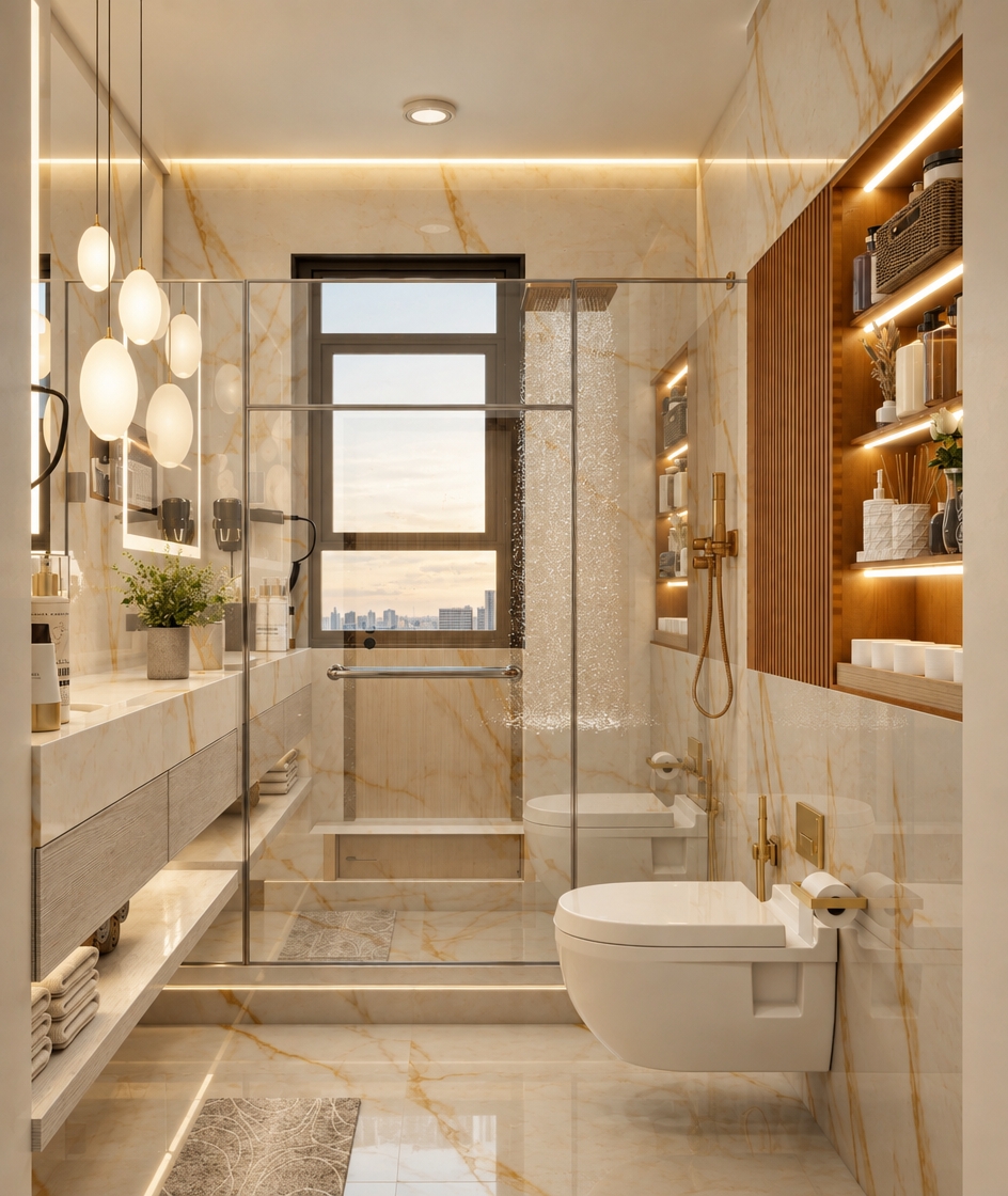 A professionally shot architectural photograph of the identical modern bathroom scene, bathed in enhanced warm ambient lighting with rich beige, cream, and soft honey undertones accentuating the polished marble veining and fluted wood niche. Captured on a wide-angle architectural lens at f/5.6, maintaining the exact composition, geometry, and fixture placement. The illumination features a soft, diffused 3000K golden glow from the recessed LEDs and pendant lights balancing gentle daylight from the window, complete with realistic glass reflections, tactile ceramic textures, subtle surface imperfections, and faint photographic grain for authentic realism.