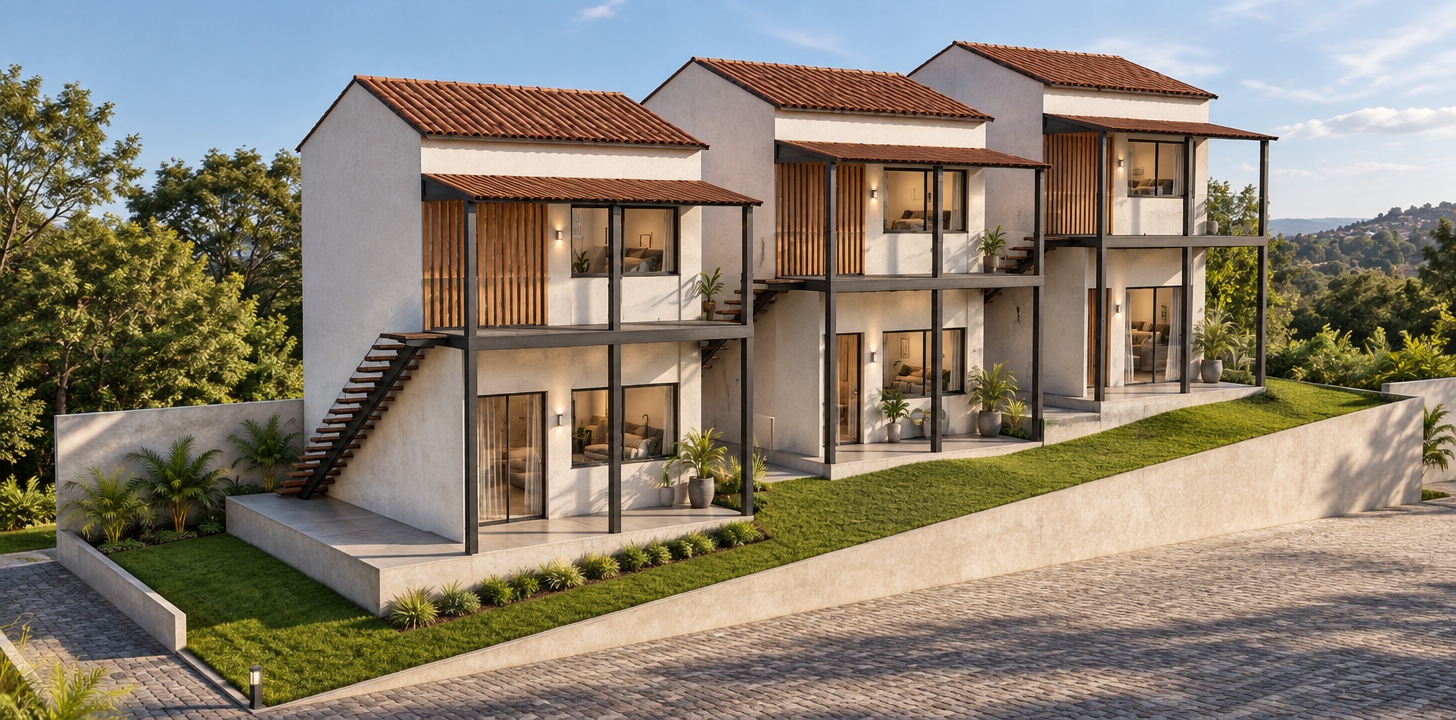 The photo captures a pristine architectural rendering of a contemporary terraced housing complex, featuring three harmoniously designed units cascading down a gentle slope. Each two-story dwelling presents a striking minimalist aesthetic, characterized by crisp white plastered walls that provide a stark contrast to the warm, reddish-brown pitched roofs and complementary flat balcony awnings. The upper level of each house boasts an expansive, open-air balcony, supported by slender white pillars, suggesting a seamless integration between indoor and outdoor living. Visible through the generous, unobstructed window openings, the interiors appear as serene, minimalist havens, furnished with clean-lined, light-colored pieces that contribute to a sense of tranquil simplicity.

Connecting the lower ground level to the upper story of the first house is a distinctive dark brown wooden staircase, its open risers adding to the light and airy feel. Below, a meticulously maintained strip of dark green turf forms a continuous outdoor garden, gracefully following the natural incline of the terrain and bordered by low, crisp white retaining walls that define each unit's private green space. The bright, clear blue sky overhead casts a soft, even light across the entire scene, emphasizing the architectural details without harsh shadows. The composition highlights the modular yet adaptive design, with each identical unit stepping down rhythmically, creating a cohesive and visually appealing development that thoughtfully integrates modern living with its sloped, natural surroundings.