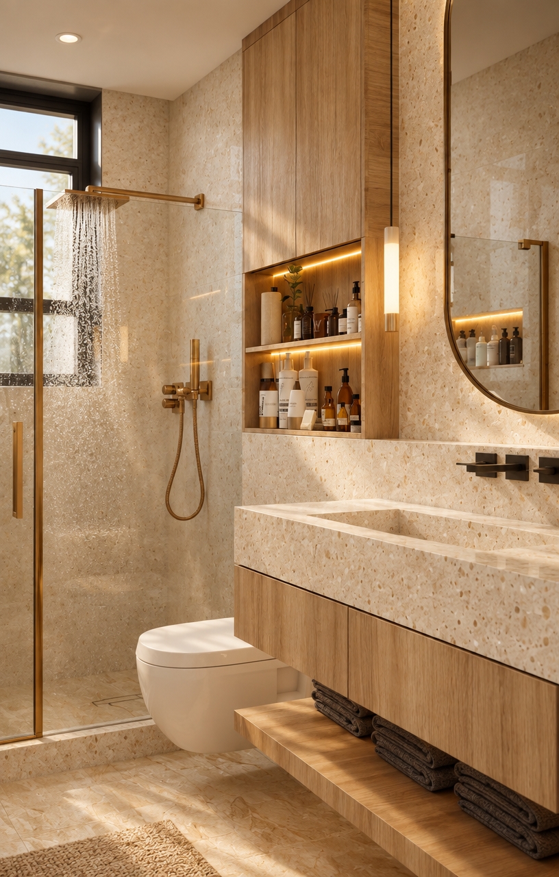 Photograph this exact bathroom scene using a 35mm architectural lens, capturing warm beige aesthetics through a blend of soft natural window daylight and glowing 2700K integrated LED shelf lighting. Enhance the tactile micro-textures of the speckled beige terrazzo and light oak cabinetry, rendering realistic brushed brass fixtures with authentic metallic sheens. Ground the image in photographic reality with delicate mist on the shower glass, natural light falloff, subtle highlight roll-off, and fine camera sensor grain.