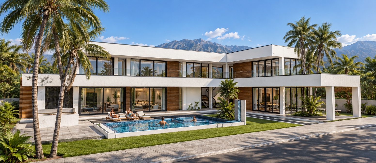 A crisp architectural photograph of the modern luxury residence bathed in bright daylight, strictly preserving the original geometry, perspective, and composition. The facade exhibits realistic textured white stucco and rich wood siding, with subtle reflections across the floor-to-ceiling glass. Naturally posed people swim and relax in the clear pool, surrounded by gently rippling water and detailed concrete pavers. Vibrant, manicured turf and tropical shrubbery fill the green zones, while lush palm trees and dense woodland foliage rise directly behind the house against a background of distant, hazy mountains under a clear sky, captured with a sharp architectural lens and balanced natural sunlight.