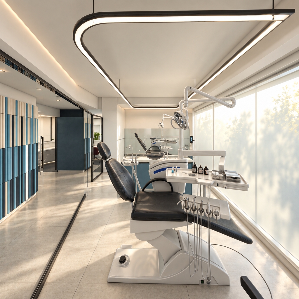 A photorealistic architectural photograph maintaining the exact dental clinic composition, illuminated by soft, natural morning sunlight streaming from the large right frosted window and casting gentle, warm gradients across the matte floor tiles. The overhead curved LED fixture emits a clean ambient glow, balancing the directional daylight. Surface details exhibit authentic material physics, including realistic specular highlights on the chrome instruments, subtle leather creasing on the dental chair, and clear glass reflections on the partitions, captured with sharp optical clarity and natural exposure.