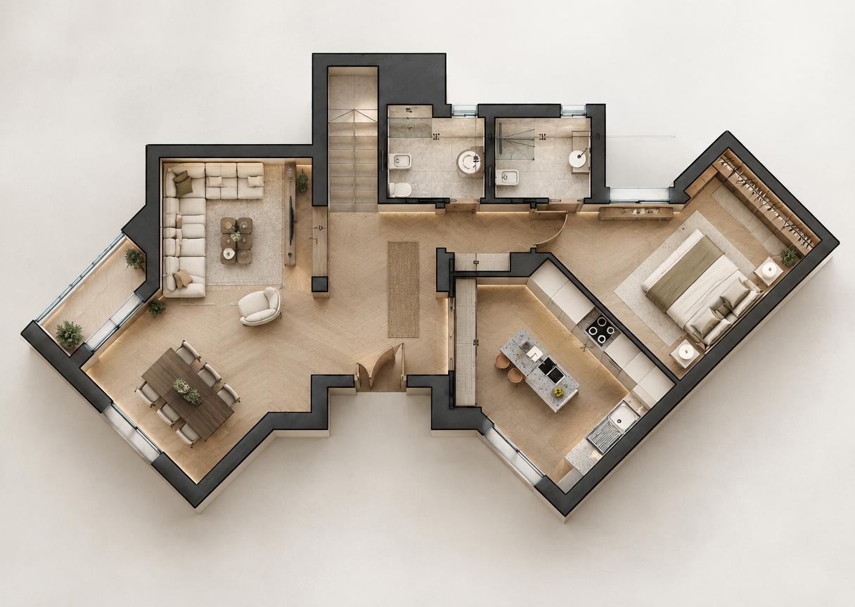 An incredibly lifelike, richly detailed, photorealistic top-down architectural model photograph of a modern-fusion apartment interior set in a bespoke designer presentation. The scene is illuminated by soft diffused studio lighting paired with delicate warm micro-LED glows beneath cabinetry and along baseboards, creating an inviting, serene, and sophisticated atmosphere. Captured with a tilt-shift macro lens on a medium-format camera, emphasizing tactile miniature textures such as pale herringbone oak floors, honed terrazzo surfaces, and plush linen upholstery. 

The living room (salon/séjour) features a generously proportioned cream-toned modular sofa arranged with textured throw pillows, a sculptural organic armchair, and a minimalist coffee table set atop a soft neutral rug, flowing effortlessly into an angled dining space with a finely crafted dark-wood table and matching chairs. An angled open kitchen stands out with an earthy granite prep island, integrated appliances, and sleek minimalist cabinetry, while the diagonal master suite reveals crisply tucked bedding, polished side tables, and integrated wardrobes, delivering a masterclass in elegant, functional spatial layout.