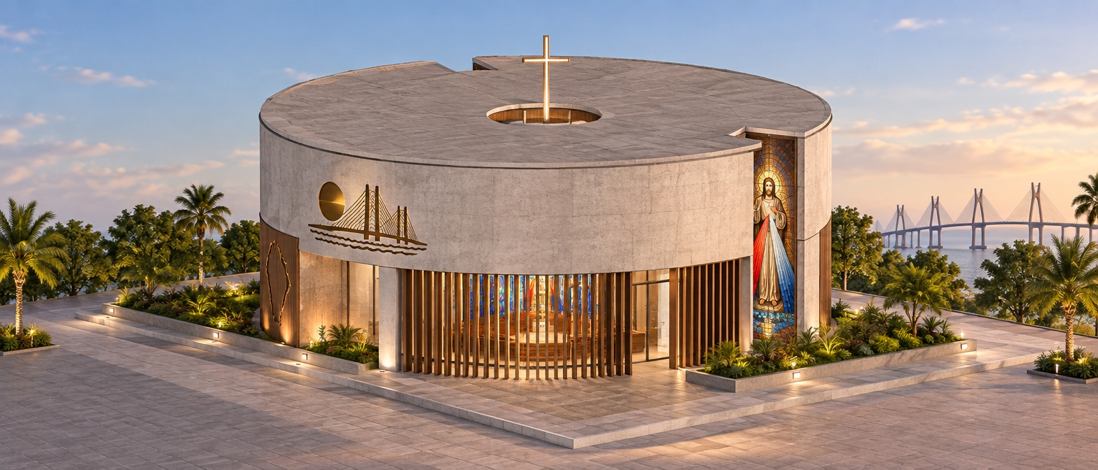 la iglesia esta ubicada en maracaibo, estado zulia, venezuela, con identidad del estado, representa la religion catolica, especificamente jesus de la divina misericordia, la fachada debe representar la cultura del pueblo maracuvho y venezolano, esta debe ser calida, contemporanea y moderna, presencia de concreto, madera, vitrales