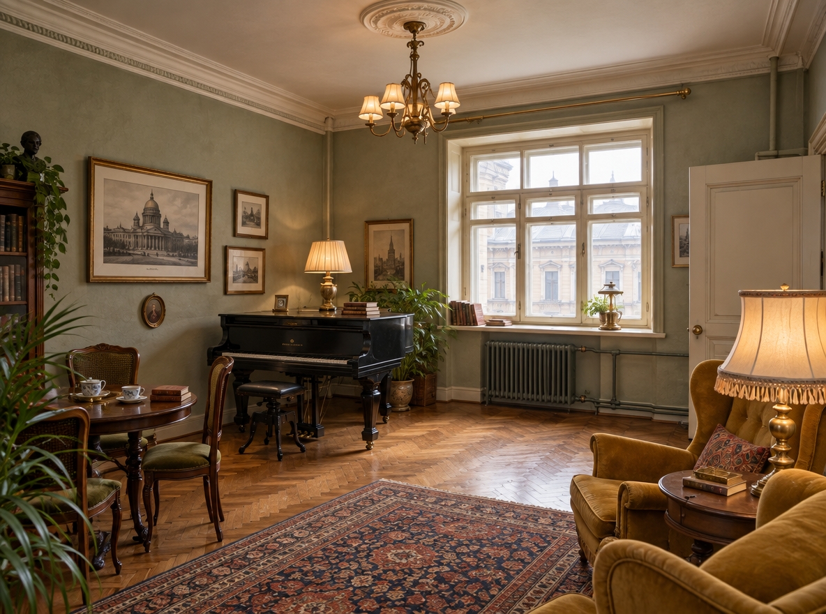 An incredibly lifelike, richly detailed, photorealistic wide-angle interior shot of a classic Saint Petersburg living room set in a historic pre-revolutionary apartment. The scene is illuminated by diffused midday daylight filtering through the tall divided-light window, mingled with the warm, nostalgic glow of fabric-shaded lamps, creating an intellectual, cozy, and poetic atmosphere. Captured with a 24mm tilt-shift lens on a full-frame camera, emphasizing the weathered patina of the honey-toned herringbone parquet, the silky sheen of the restored black grand piano, and the authentic matte texture of the original pale sage-green plaster walls. Preserving the stately piano, antique round tea table, and curved mustard velvet armchairs, the space is elevated into an erudite traveler's trove with richly bound art volumes, framed architectural etchings, antique brass keepsakes, an intricate Persian wool runner, and lush indoor plants, seamlessly harmonizing Petersburg's timeless salon culture with collected vintage charm.