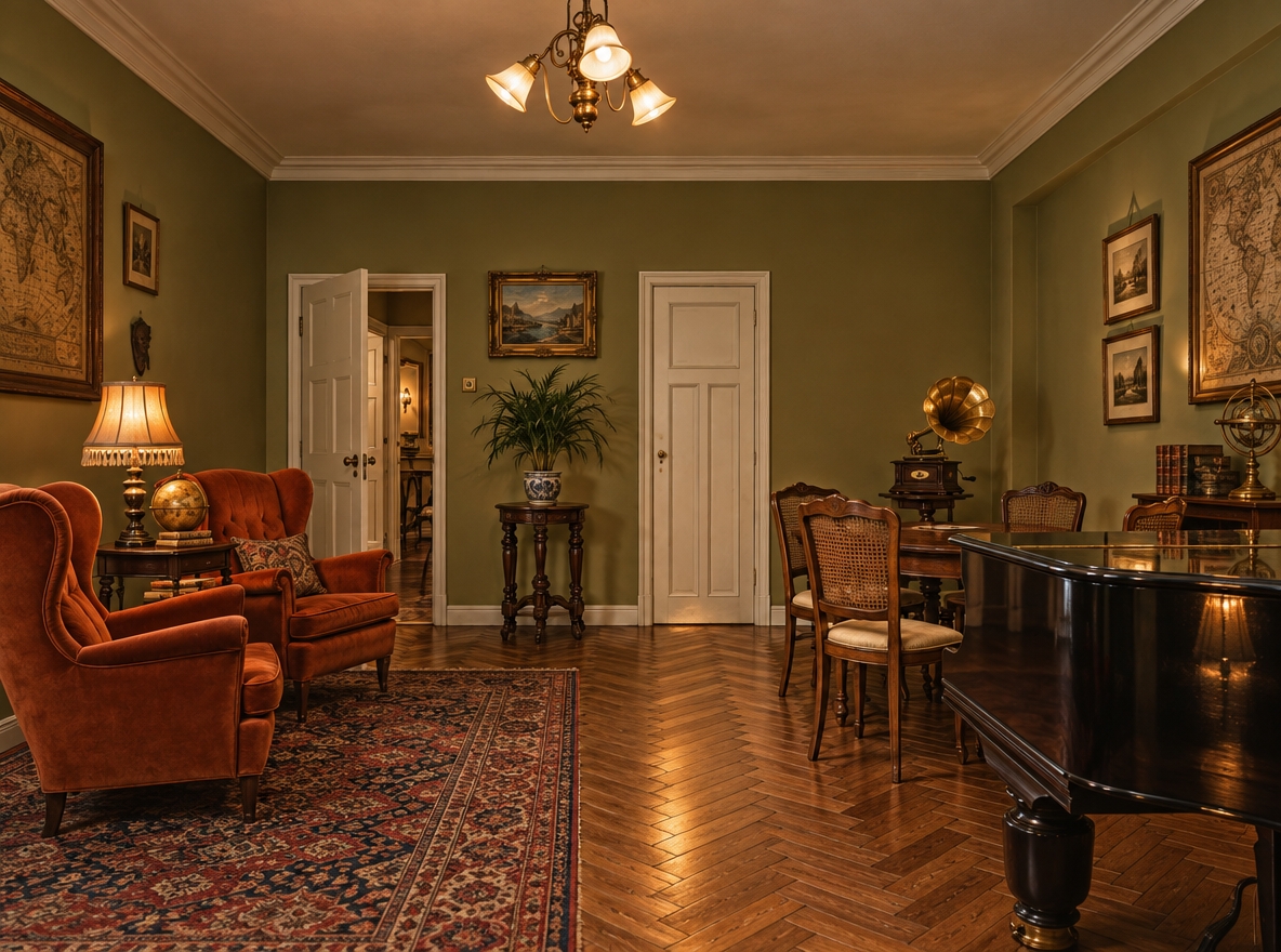 An incredibly lifelike, richly detailed, photorealistic wide-angle interior photograph of a historic living room reimagined as an eclectic traveler's trove, set in a grand European apartment. The scene is illuminated by the soft, warm golden glow of the vintage central chandelier and an amber-fringed table lamp, casting gentle shadows across the space and creating an inviting, nostalgic atmosphere of timeless wanderlust. Captured with a professional 35mm lens, emphasizing the rich grain of the restored herringbone hardwood floor, the aged patina of the kept brass gramophone, and the tactile weave of the original terracotta-orange velvet wingback armchairs. 

Retaining the authentic muted chartreuse-olive wall paint, the room is elevated into an explorer’s salon: the original furniture—including the sleek black baby grand piano in the foreground, the cane-backed wooden dining set, and the ornate pedestal tables—remains intact, now accented with antique brass globes, vintage leather-bound atlases, and an antique Persian runner grounding the seating area. The lush potted palm on its dark carved stand harmonizes with curiosities from distant voyages, seamlessly blending preserved mid-century and antique heirlooms into an evocative, curated collector's sanctuary.