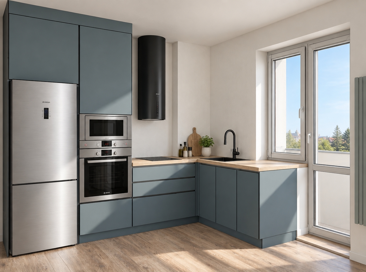 A professional interior architectural photograph capturing the exact layout, geometry, and eye-level angle of the modern kitchen, illuminated naturally by soft cinematic daylight streaming through the window on the right. The scene features smooth matte slate-blue cabinetry, brushed stainless steel appliances with subtle reflections, a cylindrical matte black range hood, a light natural wood countertop, and matching laminate flooring. The plain, matte white plastered walls remain entirely un-tiled, rendered with subtle micro-textures and free of any artificial under-cabinet lighting. Realistic, soft-edged ambient shadows create natural depth across the surfaces, captured with balanced exposure, clean 35mm lens clarity, and authentic material physics.