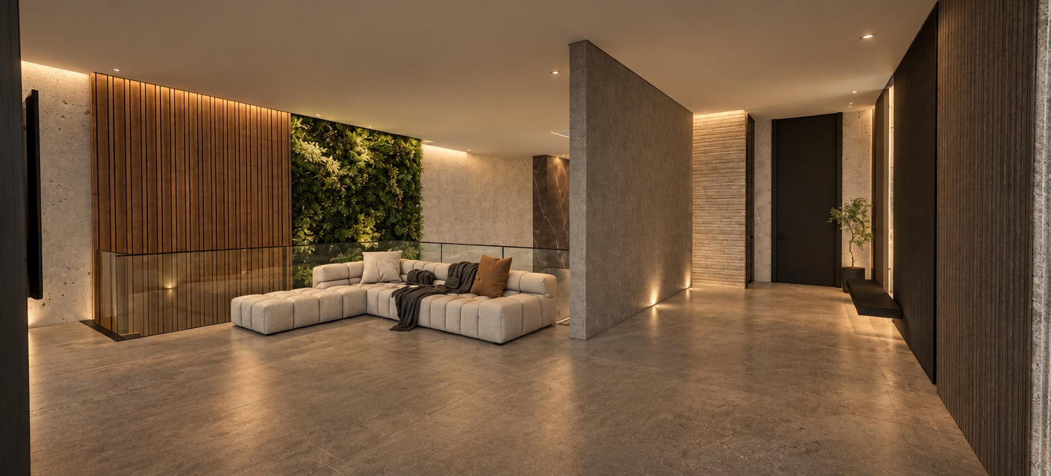 A photorealistic architectural interior photograph capturing the exact scene bathed in inviting warm light, featuring soft 2700K ambient illumination that casts gentle gradients across the gray concrete walls and textured floor. The vertical garden glows with lush natural hues, while rich golden tones highlight the vertical fluted wood wall paneling and polished glass railing. The tufted cream modular sofa displays tactile woven fabric textures with delicate folds in the throw blanket and pillows, complemented by soft ambient occlusion beneath the seating. Captured with a wide-angle architectural lens, maintaining perfectly straight verticals, balanced contrast, subtle realistic surface imperfections, and mild optical grain for an authentic, lived-in atmosphere.