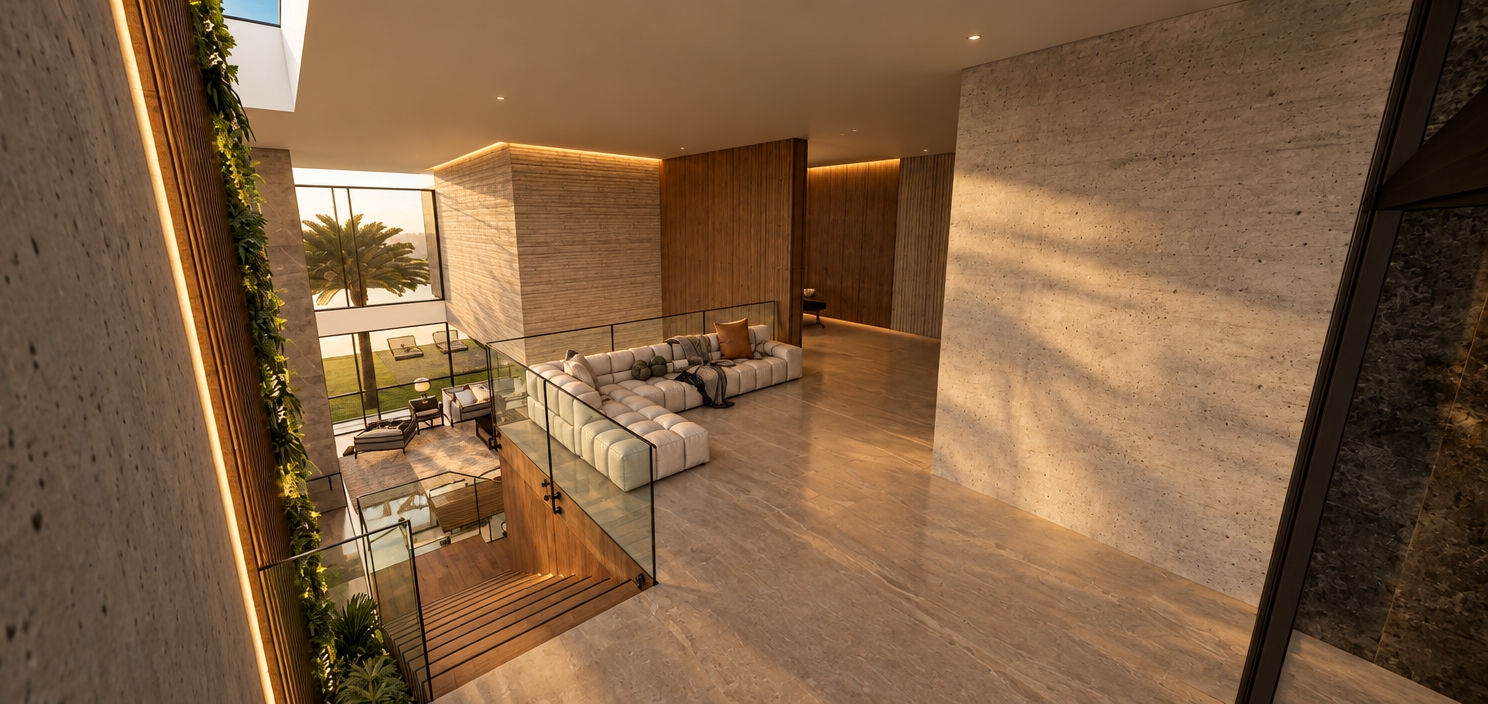 An architectural photograph of this modern multi-level interior bathed in inviting warm light, preserving the exact perspective and spatial structure. Soft golden illumination casts natural, gentle shadows across the raw concrete walls and smooth stone flooring, creating a cozy and luxurious ambiance. Tactile micro-textures emerge across the wooden staircase treads, vertical timber slats, and lush living plant wall under the warm 3000K glow. Clear, realistic reflections accent the glass balustrades and floor-to-ceiling windows overlooking the sunlit patio, while the tufted modular sofa showcases realistic fabric creases and physical softness, finished with balanced dynamic range and clean architectural lens optics.