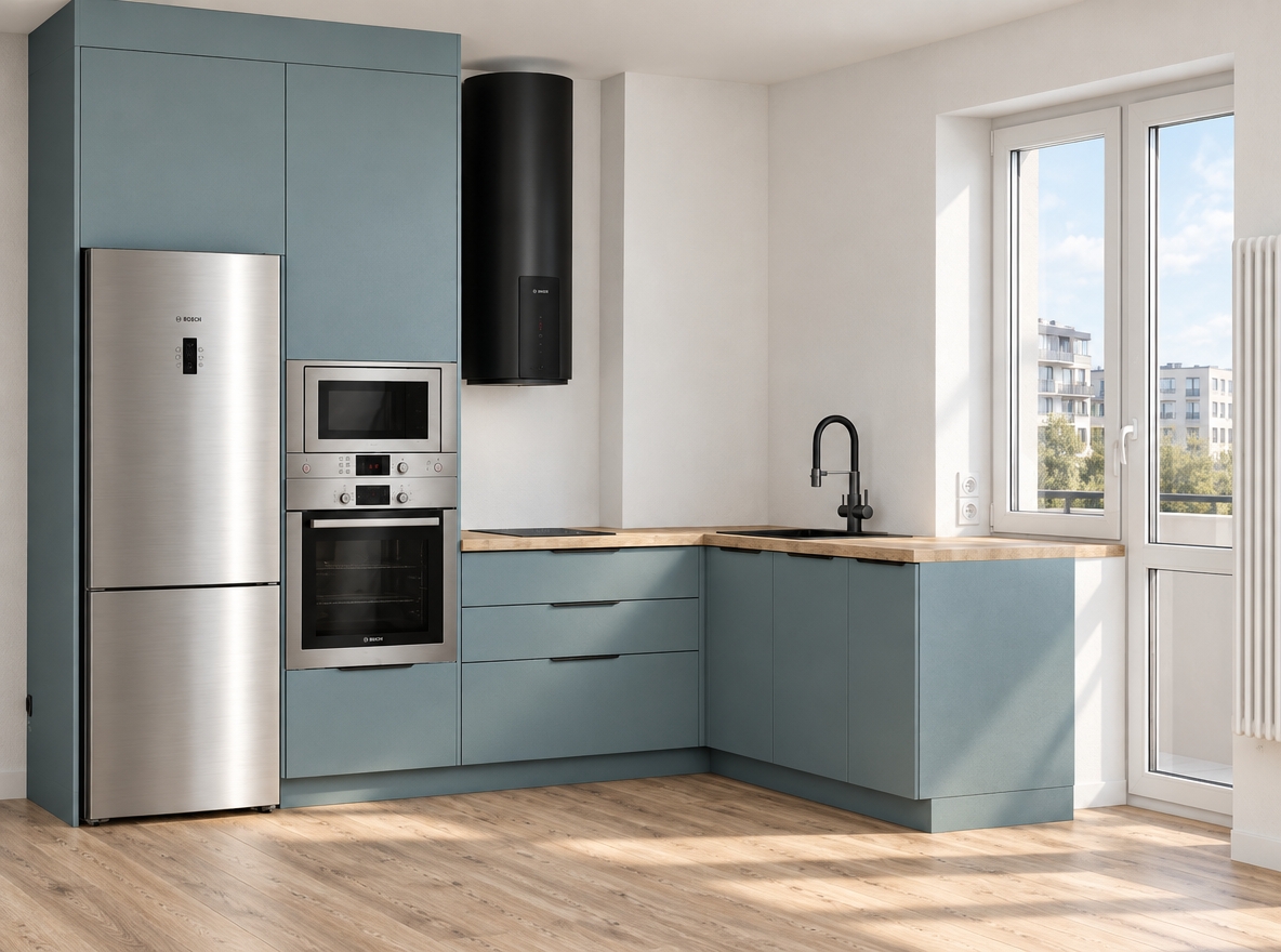 A crisp, eye-level interior photograph capturing the exact layout, geometry, and composition of the modern kitchen without alterations. Natural daylight floods in through the balcony door and window, revealing distant multi-story residential buildings outside and casting soft, directional daylight shadows across the light wood floor. Matte muted-blue cabinet fronts exhibit subtle tactile texture, while the light wood countertop and brushed stainless steel refrigerator, microwave, and built-in oven show realistic soft reflections. The black cylindrical range hood and matte black gooseneck faucet feature clean specular highlights, with the plain white plaster walls remaining completely tile-free and unlit by artificial cabinet lights. On the far right, the white vertical radiator catches subtle ambient light, completing a balanced, photorealistic architectural capture with true-to-life depth and neutral color temperature.