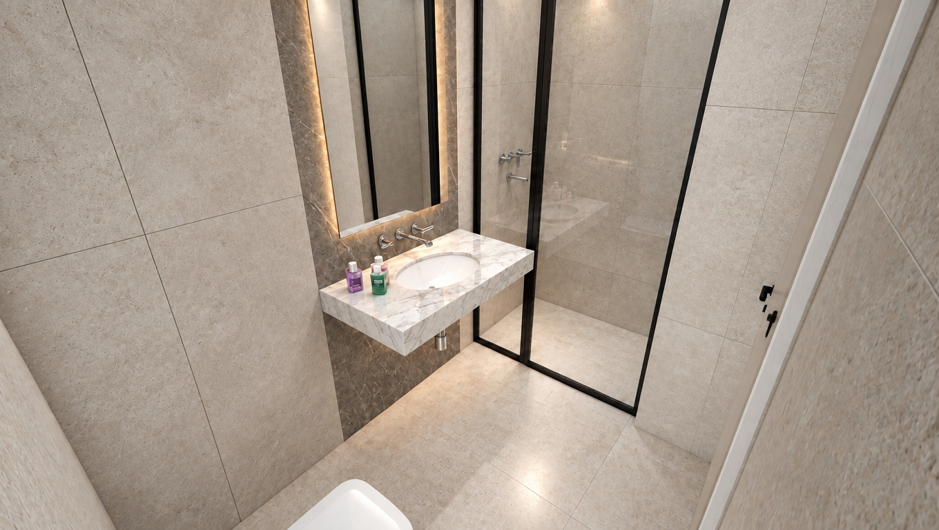 Architectural photograph captured with a crisp wide-angle lens, precisely preserving the existing composition and geometry. The walls and floor feature matte bone-concrete tiles with realistic tactile micro-textures, contrasted by the textured tempested-grey stone wall behind the floating vanity. The polished Blanco Desiree white marble countertop features delicate veining and soft specular highlights around the undermount basin, paired with polished chrome fixtures showing authentic reflections. Warm hidden LED backlighting gently illuminates the mirror frame, balancing with diffused daylight to cast natural soft shadows. Crisp glass reflections along the black-framed shower partition, minute surface imperfections, and faint optical vignetting lend the space complete photorealistic authenticity.