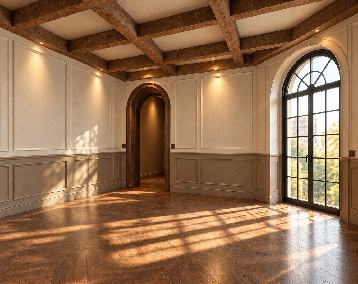 An architectural interior photograph of this elegant dining space captured with a 35mm tilt-shift lens. Golden afternoon sunlight streams through the arched window, casting soft geometric shadows across the herringbone parquet floor, complemented by warm recessed ceiling lights washing down the dual-tone wainscoting. The shot emphasizes tactile realism with visible wood grain along the coffered ceiling beams, fine micro-textures in the matte wall paint, subtle dust motes drifting in the light rays, soft contact shadows, and faint, natural film grain.