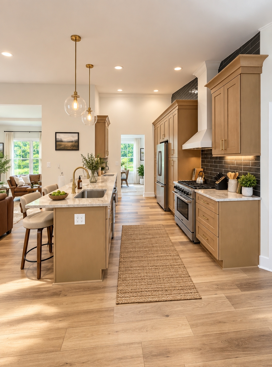 Professional architectural photography of a modern, inviting short-term rental. Shot on a full-frame camera, 16mm wide-angle lens, f/8 aperture. Natural, bright sunlight streaming through large windows, supplemented by soft, warm interior accent lighting. High-end real estate photography, perfectly straight vertical lines, flawlessly staged with elegant, contemporary furniture. Clutter-free, luxurious yet welcoming aesthetic, 8k resolution, highly detailed, photorealistic.