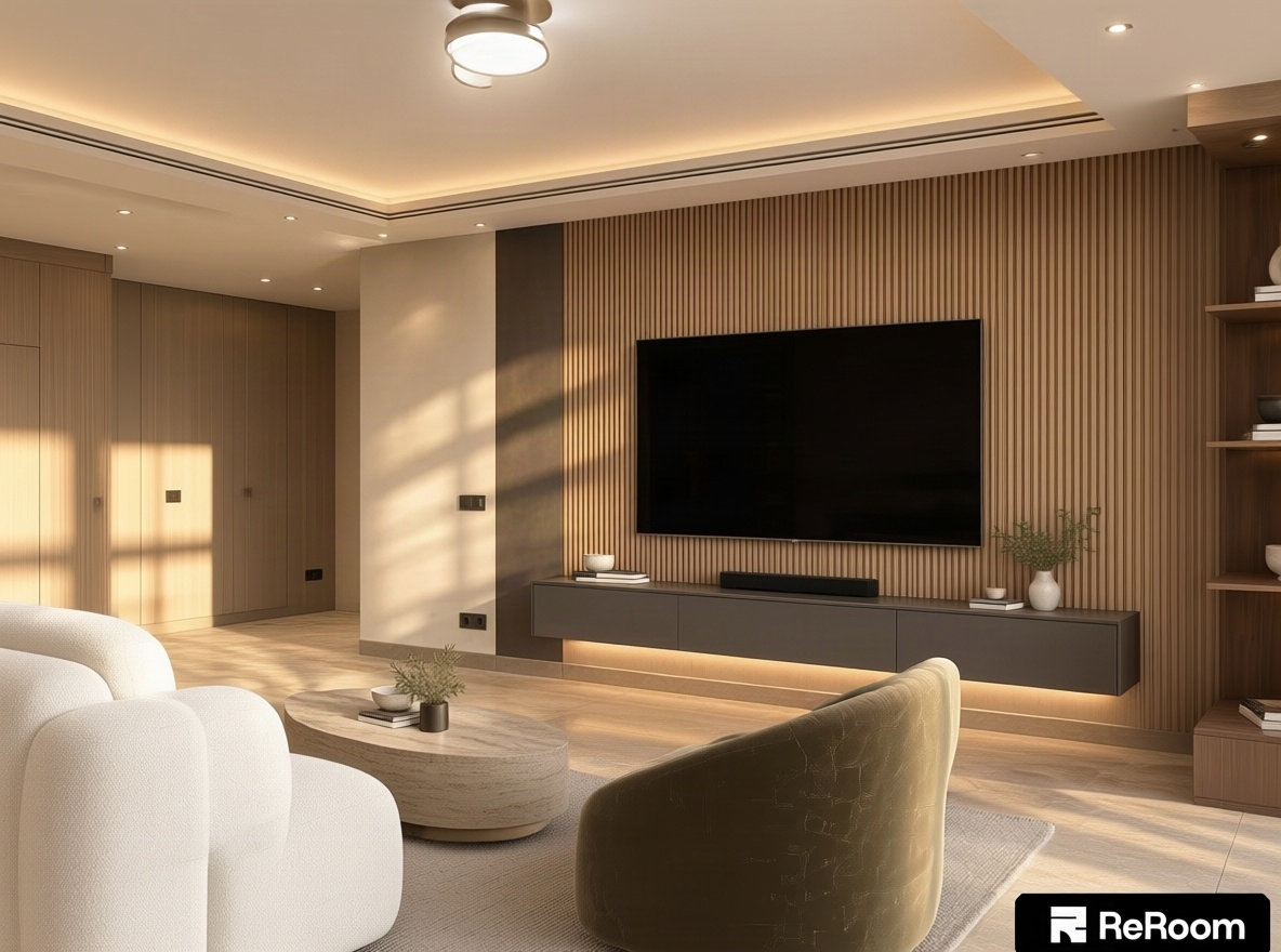 An incredibly lifelike, richly detailed, photorealistic wide-angle interior photograph of a refined contemporary living space set in a bright urban penthouse. The scene is illuminated by soft, recessed architectural cove lighting and warm afternoon sunbeams grazing the walls, creating an inviting, sophisticated, and peaceful atmosphere. Captured with a full-frame 24mm tilt-shift architectural lens, emphasizing the tactile plaster walls, rich walnut cabinetry, and matte-finished travertine tile floors. The previously unfinished space is transformed: the expansive blank wall now features an elegant fluted white oak and charcoal accent wall anchoring an ultra-thin, floating entertainment console, while the cabinetry to the right is fully realized as seamless, integrated display shelving with warm LED under-cabinet illumination showcasing minimalist ceramic sculptures and curated books. A plush ivory bouclé modular sofa, a sculpted travertine coffee table, and an olive-toned velvet lounge chair establish a balanced, harmonious composition that brings warmth, functional luxury, and tranquil modern elegance to life.