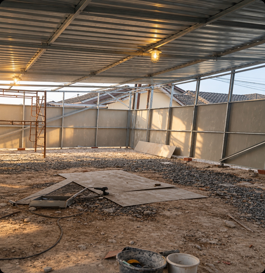 A realistic wide-angle photograph capturing the exact semi-enclosed construction space, preserving its layout, corrugated metal ceiling, panel walls, and ground texture under an atmospheric contrast of cool, snow-toned ambient daylight and soft, warm yellow interior illumination. Sunlight and warm artificial glows graze the metal framing, dusty drywall, and gravel floor, highlighting fine micro-textures, loose debris, and material imperfections. The shot features natural depth of field, balanced exposure, subtle dust motes floating in the light beams, mild film grain, and faint optical vignetting without altering the existing framing or perspective.