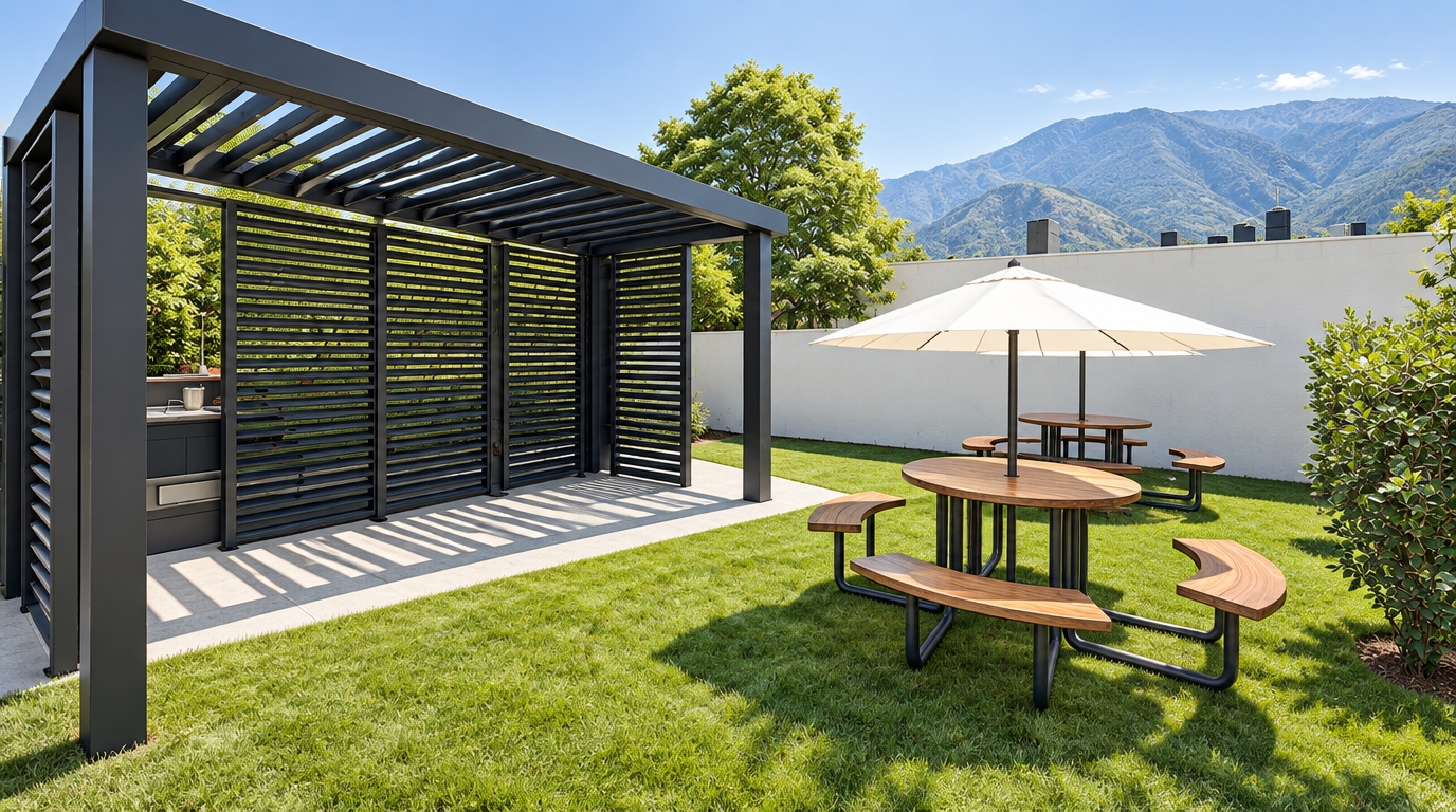 An incredibly lifelike, richly detailed, photorealistic landscape photo of a contemporary outdoor garden patio set in a bright courtyard bordered by a clean white perimeter wall and distant mountain silhouettes. The scene is illuminated by brilliant midday summer sunlight, casting dynamic geometric shadows through the architectural pergola and beneath a crisp white umbrella, creating an airy, sophisticated, and balanced atmosphere. Captured with a wide-angle lens, emphasizing the fine texture of the lush green grass, the smooth matte charcoal finish of the modern slatted canopy, the rich polished warm wood grain of the curved picnic benches, and the clean-lined elegance of the minimalist outdoor design.