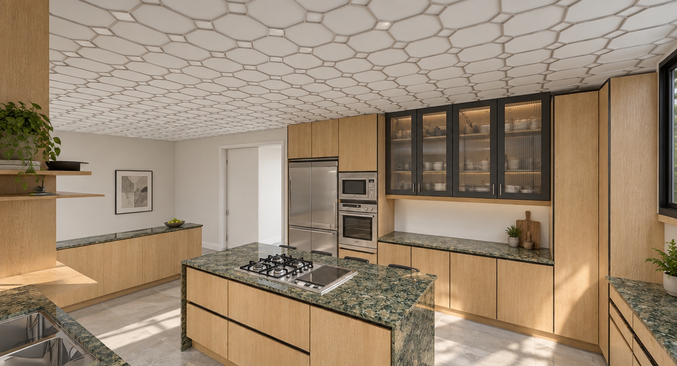 The photo, reference no auth/fb4146e3 85d9 4cfd 81ae e60a9d2e5164.jpg, captures a modern and functional kitchen rendered in a clear, illustrative 3D style, presenting a clean and organized aesthetic. The central focus is a substantial kitchen island, topped with a striking dark green speckled granite or quartz countertop, which also features a built-in four-burner gas stovetop with an adjacent griddle plate. The island's base cabinetry is crafted from a light-toned wood, possibly oak, with visible grain patterns and slender dark horizontal pulls or grooves, presenting a streamlined look. Surrounding the island, the perimeter walls are painted a simple light gray, providing a neutral backdrop to the prominent cabinetry. On the right, a series of light wood base cabinets with matching granite countertops extends along the wall, leading to a tall cabinet stack that integrates a stainless steel built-in oven and microwave, flanked by more light wood cabinetry, including upper storage. Above these, a bank of sleek upper cabinets with dark gray frames and what appear to be frosted or smoked glass fronts adds a contemporary touch, reflecting ambient light subtly. A large, silver-toned refrigerator is neatly integrated into the cabinetry run on the left side of the stacked appliances. To the far left, a glimpse of another section of the kitchen reveals a sink area with the same granite countertop and light wood cabinetry. The ceiling features a distinctive, repetitive geometric pattern of interconnected octagons or quatrefoils in a lighter gray hue, adding a unique textural element overhead. In the background, a bright, sky-blue opening suggests a doorway leading outdoors or into another brightly lit space, hinting at potential natural light, though the overall lighting within the kitchen appears uniform and artificial. Another counter or bar-height feature with matching light wood and granite is visible in the distant left, creating a sense of a larger, cohesive space. The flooring consists of large, light gray or off-white tiles with dark grout lines, offering a clean, durable surface for this busy culinary environment.