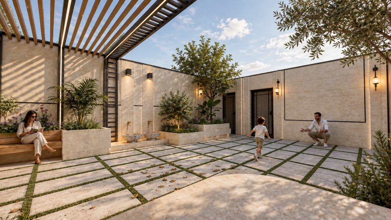 Transform the uploaded raw architectural render into an ultra-photorealistic, high-end architectural photograph of a real residential courtyard.

ABSOLUTELY PRESERVE the original design, geometry, proportions, wall positions, openings, levels, dimensions, landscape layout, and exact camera composition. Do not redesign, relocate, remove, or add any architectural element.

MATERIALS
- Exterior walls: warm creamy natural stone with realistic stone texture, subtle natural variation, natural joints, slight roughness, realistic reflections, and subtle imperfections.
- Precise 2 cm wide black horizontal and vertical accent lines exactly where they appear in the original design.
- Wooden bench: real natural wood with visible grain, realistic aging, and authentic texture.
- Stone barbecue/grill: authentic natural stone with realistic surface texture.
- Garden soil, plants, grass, and all stone surfaces: natural variation and subtle imperfections.

LANDSCAPE
- Preserve the existing garden layout exactly.
- Realistic fruit trees with natural trunks, branches, leaves, and believable density.
- Healthy natural grass mixed with the existing paving/mosaic according to the original layout.
- Realistic garden beds with natural soil and subtle vegetation.
- Small natural imperfections: slightly irregular grass, realistic soil, subtle leaf variation, and believable outdoor wear.
- Keep the wooden bench and stone barbecue in their exact original positions.

FLOORING
Highly realistic outdoor flooring combining mosaic/paving and natural grass. Preserve the original pattern and boundaries. Physically accurate materials, realistic scale, subtle roughness, natural dirt accumulation, and believable joints.

LIGHTING
Sophisticated architectural lighting:
- Soft, realistic natural daylight as the main illumination.
- Warm hidden architectural lights integrated subtly into the existing design.
- Warm indirect lighting around landscape elements where appropriate.
- Soft realistic shadows.
- Natural light bounce from the cream stone surfaces.
- No excessive glow or artificial-looking illumination.
- Interior/artificial lights with realistic intensity and color temperature.

CAMERA & LENS
Professional architectural photography setup:
- Full-frame camera look.
- 28–35 mm architectural lens.
- Camera height approximately 1.60–1.70 m.
- Natural human-eye perspective.
- Correct vertical lines with architectural perspective correction.
- Moderate depth of field.
- Main architectural elements remain sharp.
- Subtle cinematic focus separation without excessive blur.
- Realistic exposure and dynamic range.
- No fisheye distortion.
- No exaggerated wide-angle perspective.

PEOPLE
Add 2–3 subtle, realistic human figures naturally interacting with the space (casual residential scale, not posing for the camera). Keep them secondary so the architecture remains the clear focus.

Overall mood: quiet, high-end, lived-in luxury residential courtyard under soft natural daylight. Ultra-photorealistic, physically based materials, cinematic but restrained architectural photography.