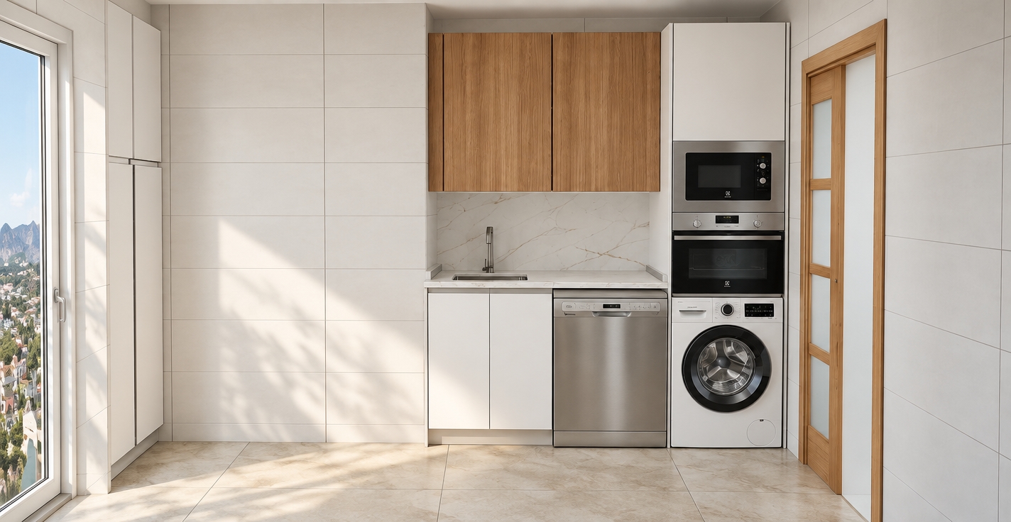 A crisp architectural photograph preserving the exact layout and materials, captured with a sharp wide-angle interior lens under soft daylight streaming from the left doorway. Natural light creates gentle highlights across authentic textures: distinct vertical wood grain on the upper cabinets, smooth semi-matte white finishes, polished marble with delicate grey veining along the countertop and backsplash, and brushed stainless steel with realistic anisotropic sheen on the appliances. Crisp grout lines add tactile depth to the large white wall tiles and light stone floor, complemented by balanced exposure, natural contact shadows, subtle edge falloff, and clean photographic grain.