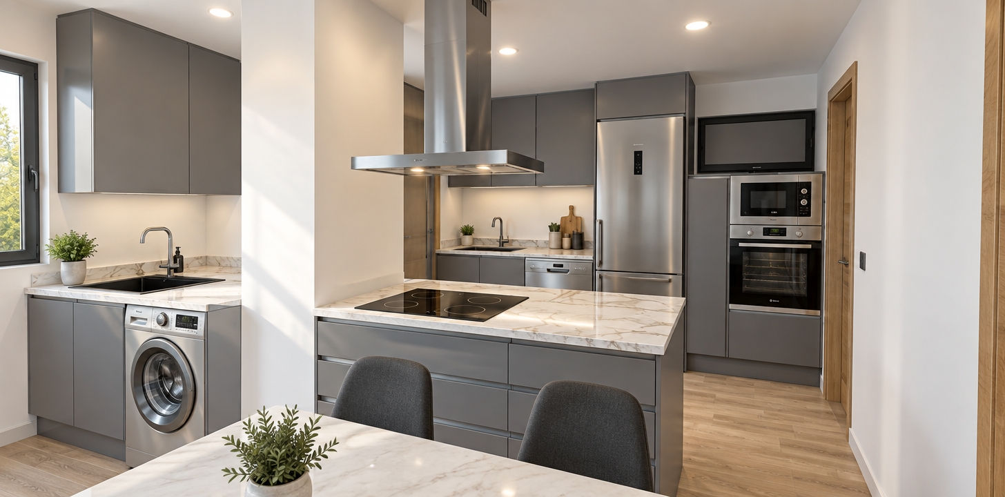 A bright architectural photograph of the kitchen scene captured in clear midday daylight, complemented by soft recessed ceiling lighting. The matte grey cabinetry displays subtle, realistic surface textures, paired with polished white marble countertops showing delicate veining and soft specular highlights. The stainless steel appliances, extractor hood, and glossy cooktop feature authentic reflections and realistic metallic sheens, while the light wood floor exhibits natural grain. Photographed with a wide-angle architectural lens, the image has clean natural exposure, soft ambient contact shadows, and subtle lens fidelity, maintaining the exact geometry, perspective, and composition.