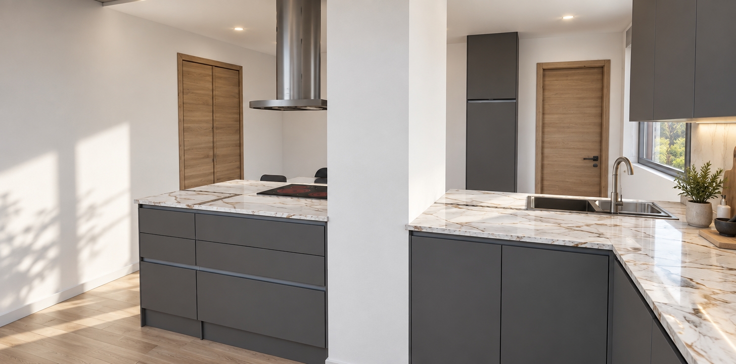 Interior architectural photograph of this modern kitchen illuminated by bright, natural midday light, captured with a sharp 24mm architectural lens. The smooth, matte charcoal-gray cabinets feature realistic ambient shadows and subtle edge definitions, while the polished white marble countertops display authentic light bounce and depth in their warm brown veining. The brushed stainless steel range hood, faucet, and undermount sink show fine directional metallic micro-textures and accurate specular highlights. Balanced daylight fills the space, casting soft, natural shadows across the pale wood flooring and highlighting the fine wood grain of the doors, rendering the exact layout and composition with crisp, photorealistic material fidelity.