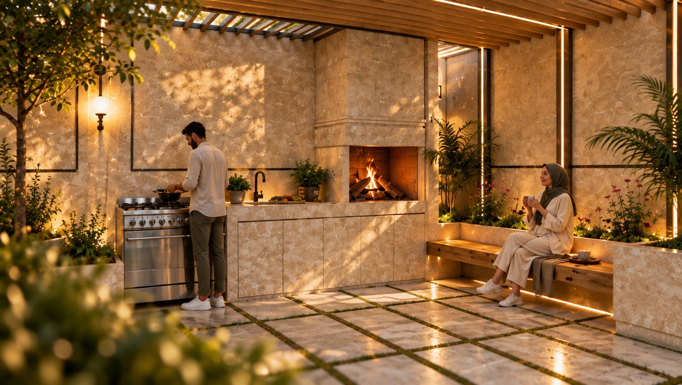 Transform the uploaded architectural render into an **ultra-photorealistic cinematic architectural photograph**.

**CAMERA FOCUS & COMPOSITION**

* Identify the **golden focal point of the composition** and make it the primary visual focus.
* Create a subtle cinematic **push-in / zoom-in effect toward the golden point**, bringing the most important architectural and landscape details closer to the viewer.
* Maintain the original architectural geometry and design exactly.
* Do not redesign, move, resize, or remove any architectural element.
* Preserve the natural perspective and proportions.
* Use a professional full-frame architectural camera with a **35mm cinematic lens**.
* Camera height approximately 1.60–1.70 m.
* Correct vertical lines and architectural perspective.
* Strong but natural foreground-to-background depth.
* Cinematic depth of field with the focal point extremely sharp and the background gradually softer.
* Natural lens compression and subtle cinematic bokeh.

**CINEMATIC LOOK**

* Premium architecture-film aesthetic.
* Sophisticated cinematic framing.
* Realistic dynamic range and exposure.
* Soft highlight roll-off.
* Deep but natural shadows.
* Subtle atmospheric depth.
* Realistic light falloff.
* Natural film-like contrast.
* Extremely detailed textures and materials.
* No excessive HDR, sharpening, glow, or artificial effects.

**LIGHTING**

* Keep realistic natural daylight as the main source.
* Enhance existing artificial and hidden architectural lighting subtly.
* Warm cinematic practical lights with realistic intensity.
* Soft light spilling onto stone, grass, trees, and paving.
* Natural contact shadows and realistic reflections.

**REALISM**
The final image must look like a **real cinematic frame captured with a high-end cinema camera**, not a CGI render.

The golden focal point must immediately attract the viewer's eye while the surrounding architecture remains naturally visible and contextual.

**FINAL RESULT:**
A dramatic yet realistic cinematic architectural shot with a carefully controlled push-in composition, strong visual hierarchy, sharp golden focal point, natural depth of field, realistic materials, cinematic lighting, and the atmosphere of a premium architecture film.