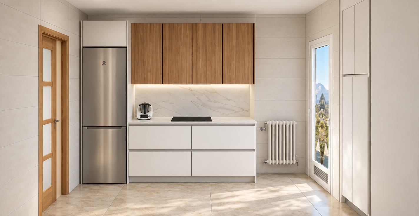 A photorealistic architectural interior photograph capturing the exact kitchen layout at eye level with a 35mm lens. Soft, natural daylight streams in from the glazed right doorway, balanced by gentle ambient indoor lighting that casts subtle, soft-edged shadows across the beige tiled floor. The stainless steel refrigerator exhibits authentic brushed metal anisotropy, while the upper cabinets display distinct vertical natural wood grain and matte warmth. Lower cabinets appear in clean, satin-finish white alongside a polished marble countertop and backsplash featuring faint grey veining and accurate specular highlights. Textures are rendered with crisp fidelity, from the cast-iron white radiator on the wall to the clear glass reflections and subtle grout seams, delivering clean, sharp, and authentic photographic realism without altering any geometry or placement.