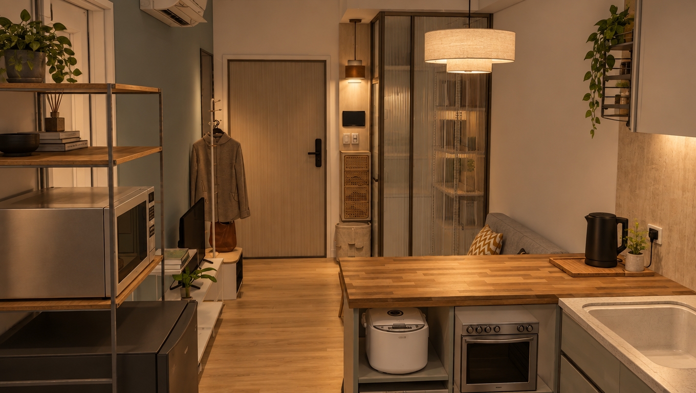 A photorealistic architectural photograph of this compact apartment bathed in a calm, welcoming evening ambiance, strictly maintaining the exact layout and composition. Warm, soft 2700K illumination emanates from the island and entryway pendant lights, casting gentle shadows across the wooden butcher block counter, light wood floors, and muted walls. Realistic micro-textures define the metallic appliances, matte cabinetry, woven accents, and hanging coat, balanced with soft ambient light falloff, gentle highlights, and subtle film grain for a cozy, relaxing homecoming atmosphere.