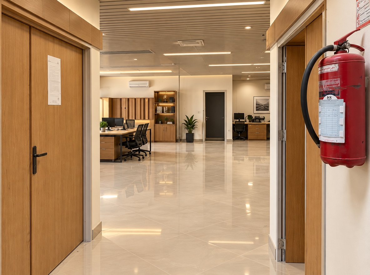 A wide-angle architectural photograph captured from the doorway, preserving the exact framing, perspective, and spatial layout of the hallway and expansive interior beyond. The space features large-format polished ivory porcelain floor tiles showing soft ambient reflections, warm off-white walls accented with fine natural oak architectural paneling, and a contemporary ceiling integrating recessed linear 3200K warm LED lighting. The office zones maintain their positions, finished with high-end executive oak desks, dark ergonomic task seating, and understated corporate decor, all rendered with balanced global illumination, natural daylight diffusion, crisp optical clarity, and realistic surface micro-textures.