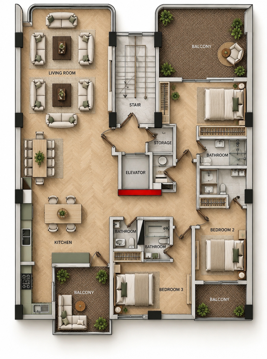 Transform the provided black-and-white architectural floor plan into a highly realistic, professionally rendered colored 2D floor plan.

IMPORTANT: Preserve the exact architectural geometry, dimensions, room positions, walls, doors, windows, staircases, elevator, balconies and overall layout of the original floor plan. Do not redesign, move, add or remove any architectural elements.

Use the second reference image as the visual style reference.

Create a premium architectural visualization from a top-down orthographic view, with realistic materials, soft natural lighting, subtle shadows and professional interior-design presentation.

MATERIALS AND COLORS:
- Living rooms: warm light beige natural wood herringbone/parquet flooring
.- Bedrooms: warm light beige wood flooring with realistic wood grain
.- Kitchens: elegant light olive green cabinets and  countertops, with clearly wooden kitchen islands/worktops and realistic appliances.
- Bathrooms: light warm-gray porcelain tiles, realistic toilets, sinks, showers and bathroom fixtures.
- Balconies: dark warm brown patterned outdoor flooring with green decorative plants in planters. Design a stylish modern balcony with a comfortable seating area, contemporary outdoor furniture, a cozy L-shaped sofa with elegant cushions, a small minimalist coffee table, warm ambient lighting, decorative plants in modern planters, natural wood and stone elements, glass railing, luxurious cream and beige tones, subtle olive-green accents, elegant porcelain flooring, clean architectural lines, sophisticated and realistic interior design, spacious and inviting atmosphere, high-end residential balcony, photorealistic 3D architectural rendering, soft natural daylight, ultra-detailed, realistic materials, modern luxury style.
- Staircase: light gray/white stone or porcelain finish with subtle realistic shadows and railing.
- Elevator and storage areas: clean modern neutral materials.
- Walls: clean warm white/light beige walls with subtle realistic depth.
- Furniture: elegant contemporary cream/beige sofas, beds, coffee tables, rugs, bedside tables and decorative plants.
- Add realistic furniture placement corresponding to the rooms shown in the reference colored plan.

FURNITURE:
Living rooms should contain a contemporary seating arrangement with three/four cream-colored sofas around a dark wooden square coffee table, placed on a large neutral rug
.Bedrooms should contain realistic double beds with beige/cream bedding, rugs and small bedside tables.
Add tasteful indoor plants and minimal decorative objects where appropriate.

PRESENTATION:
- Professional architectural floor-plan rendering
- Photorealistic materials
- Soft ambient occlusion
- Realistic contact shadows
- Subtle depth and dimensionality
- Clean premium real
-estate presentation
- Warm neutral beige, cream, light brown and gray color palette
- Top-down orthographic camera
- Crisp and highly detailed
- White/very light neutral background
- No perspective distortion
- No unnecessary decorative elements outside the building

TEXT:
Replace the room labels with clean, professional English labels such as:
LIVING ROOM
KITCHEN
BEDROOM 1
 BEDROOM 2
BATHROOM
STORAGE
ELEVATOR
STAIR
BALCONY

Keep labels positioned correctly inside their corresponding rooms.

CRITICAL:
The original floor plan is the source of truth for geometry. The final image must remain architecturally identical to the original black-and-white plan. Only improve the visual appearance through color, materials, furniture, lighting, textures and realistic rendering.

High-resolution architectural visualization, professional real-estate floor plan, ultra-clean, realistic, elegant, premium quality
