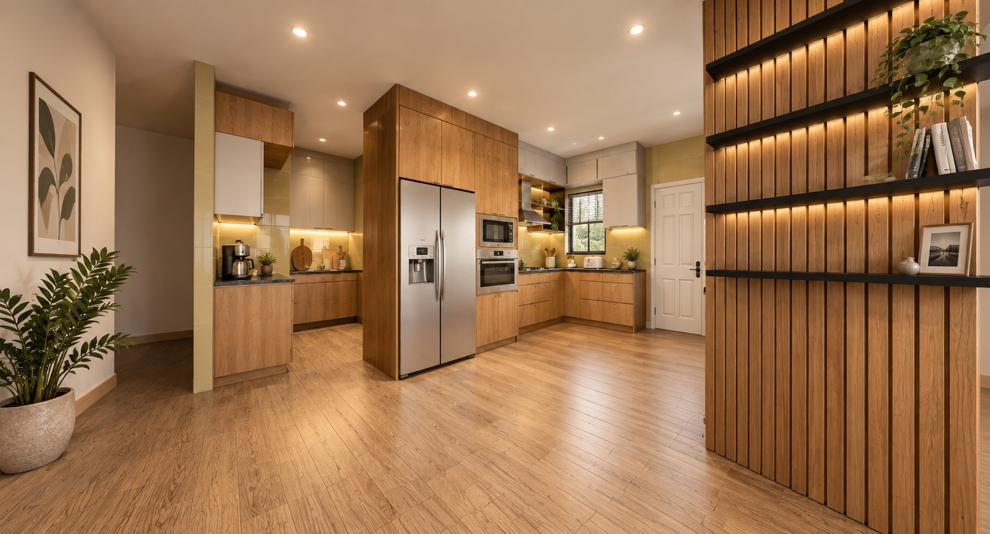 A crisp, photorealistic interior photograph of this kitchen scene, maintaining the exact perspective, geometry, and layout. Warm, recessed ceiling spotlights cast soft illumination across the space, enhanced by warm glowing LED strip lighting beneath the upper cabinets and within the glass units, balanced by soft daylight from the window. The oak cabinetry, slatted wood partition, and flooring display rich, authentic wood grain and natural light reflections. Subtle, realistic kitchen decor accents rest naturally on the countertops alongside the existing appliances. Captured with a professional wide-angle architectural lens, featuring balanced exposure, gentle contact shadows, and true-to-life material finishes.