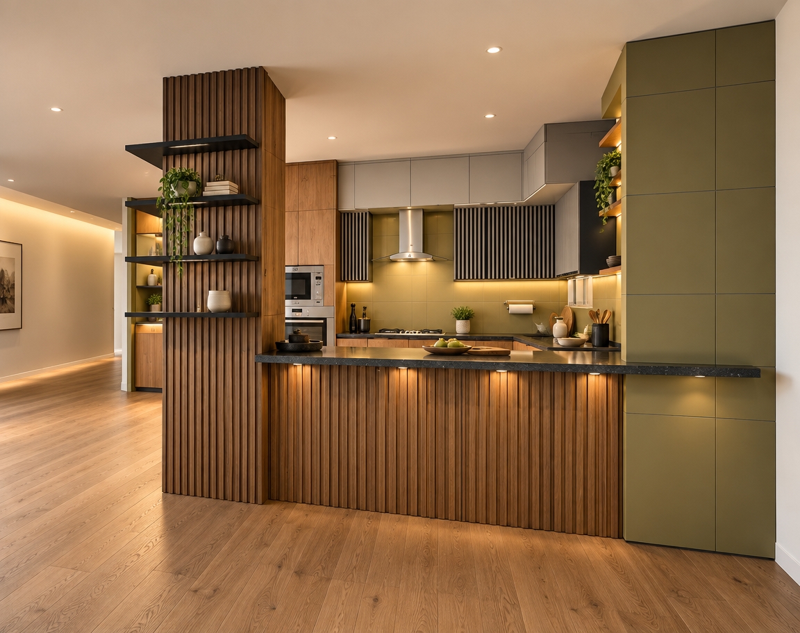 A crisp architectural interior photograph of the exact kitchen layout, illuminated by warm, concealed LED strip lighting under the upper units, soft internal glow within the upper glass cabinets, and subtle recessed ceiling downlights. The vertically fluted wood bar and feature column exhibit natural woodgrain texture and satin finish, while the dark countertops show gentle, photorealistic reflections beside tasteful kitchen countertop accents like small ceramic vessels and cutting boards. Shot with a sharp architectural lens, balanced exposure, natural shadow roll-off, and subtle surface micro-textures that completely ground the space in reality.