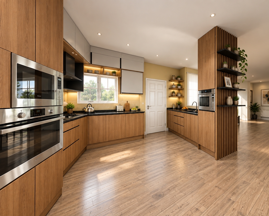 A crisp architectural interior photograph of the kitchen matching the exact perspective and layout, captured with a wide-angle lens. Warm under-cabinet LED strip lighting washes across the polished black countertops, complemented by soft ambient glow from inside the upper glass units and subtle recessed ceiling spotlights. Soft, natural daylight filters through the rear window, balancing the interior lights and bringing out realistic wood grain on the cabinetry and realistic textures across the flooring. Minimal, tasteful kitchen accents rest naturally on the surfaces and shelves, rendered with balanced exposure, authentic material physics, gentle specular highlights, and crisp photographic clarity.