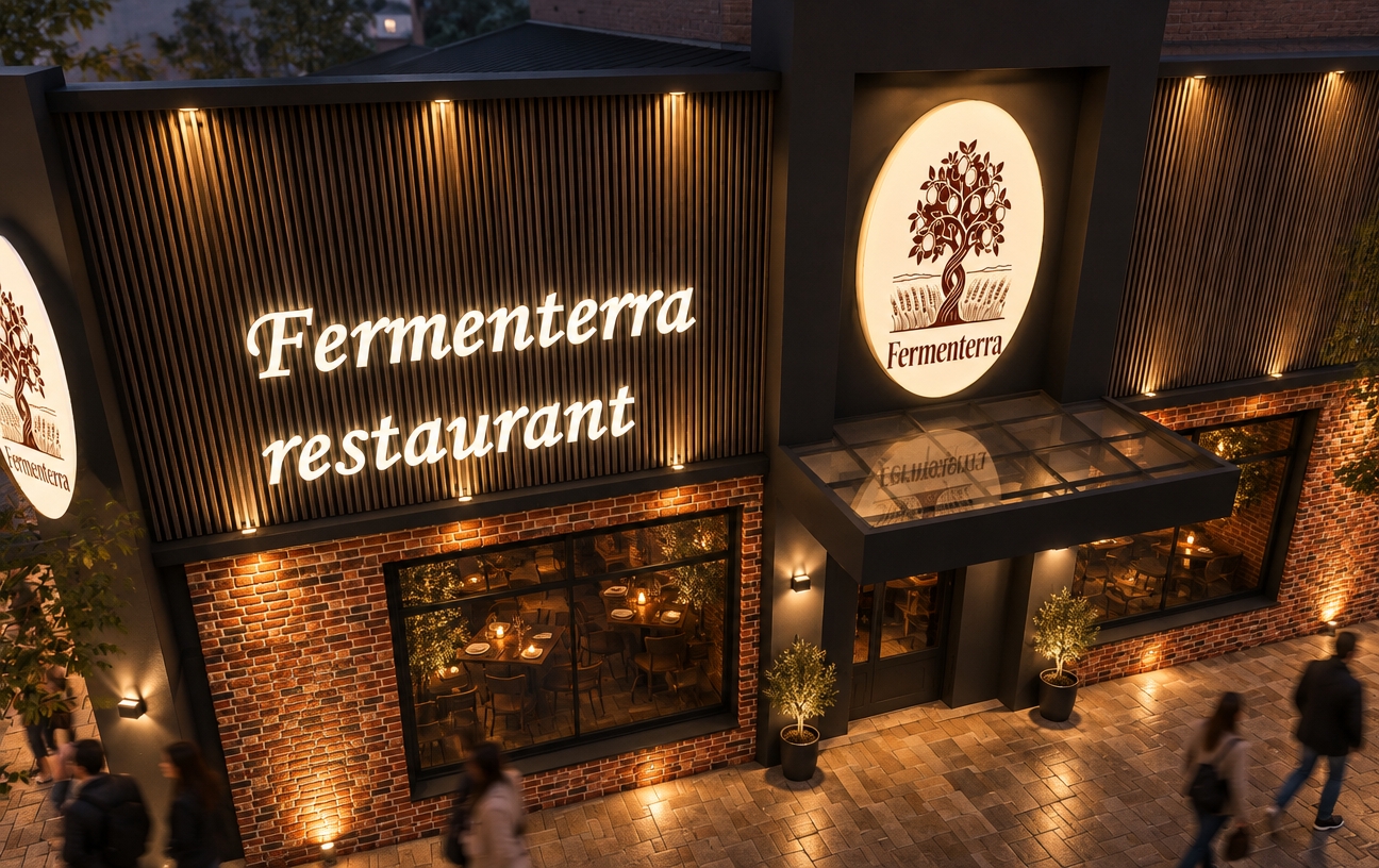 A realistic evening photograph of the restaurant storefront, retaining the exact geometry, high-angle framing, and architectural layout. Warm architectural uplighting and downlighting graze the textured slatted facade and red brick walls, casting soft shadows, while the white backlit restaurant lettering and illuminated circular logo glow with subtle light blooming. Pedestrians walk past along the stone-paved sidewalk, their movement captured with gentle, natural motion blur. Realistic material physics show tactile rough brick, glass canopy reflections, matte black trim, and natural ambient reflections on the dark window panes, shot on a full-frame camera with mild ISO grain, realistic depth of field, and balanced nighttime exposure.