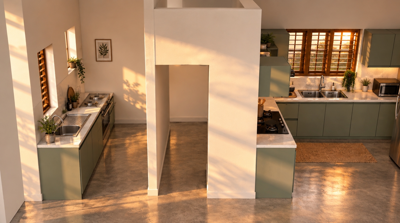 A high-resolution interior photograph of this kitchen layout during a warm summer sunset, maintaining the exact perspective, geometry, and materials. Rich, golden-hour light streams through the wooden windows, casting long, soft shadows and warm amber reflections across the polished concrete floor, matte sage green cabinets, and light quartz countertops. The stainless steel fixtures, black cooktops, and painted walls exhibit authentic textures, natural specular highlights, and realistic material physics under ambient evening illumination, captured with clean architectural lens focus and balanced dynamic range.