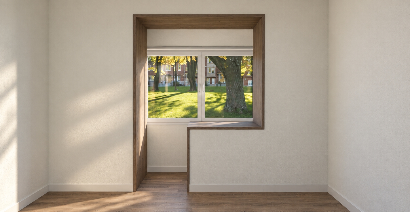 The photo presents a compelling view of a minimalist haven, designed to function as a serene study room, artfully connecting the interior with a vibrant outdoor vista. The interior walls are rendered in a finely textured, off-white plaster, providing a clean and expansive backdrop that highlights the striking architectural details. The focal point is an innovative, asymmetrical window opening, framed in a rich, dark charcoal-stained wood with a discernible grain. This dark wood extends horizontally on the right side, forming a sleek, cantilevered desk or display shelf, beneath which the dark framing continues vertically downwards, creating a distinctive L-shaped recess. Abundant natural light streams through the large window, illuminating the space and enhancing the subtle texture of the walls. The floor features wide planks of a light, cool-toned grayish-brown wood, adding warmth and grounding the contemporary aesthetic. Through the window, a picturesque park-like scene unfolds under a bright, sunny sky, with lush green grass traversed by the long, distinct shadows of several mature trees, hinting at a late afternoon sun. In the background, partially obscured by the verdant foliage, a multi-story building of reddish-brown brick stands, lending an urban-yet-natural context to the tranquil scene. The precise craftsmanship and thoughtful integration of natural materials cultivate an atmosphere of calm functionality, perfect for concentration or quiet contemplation.