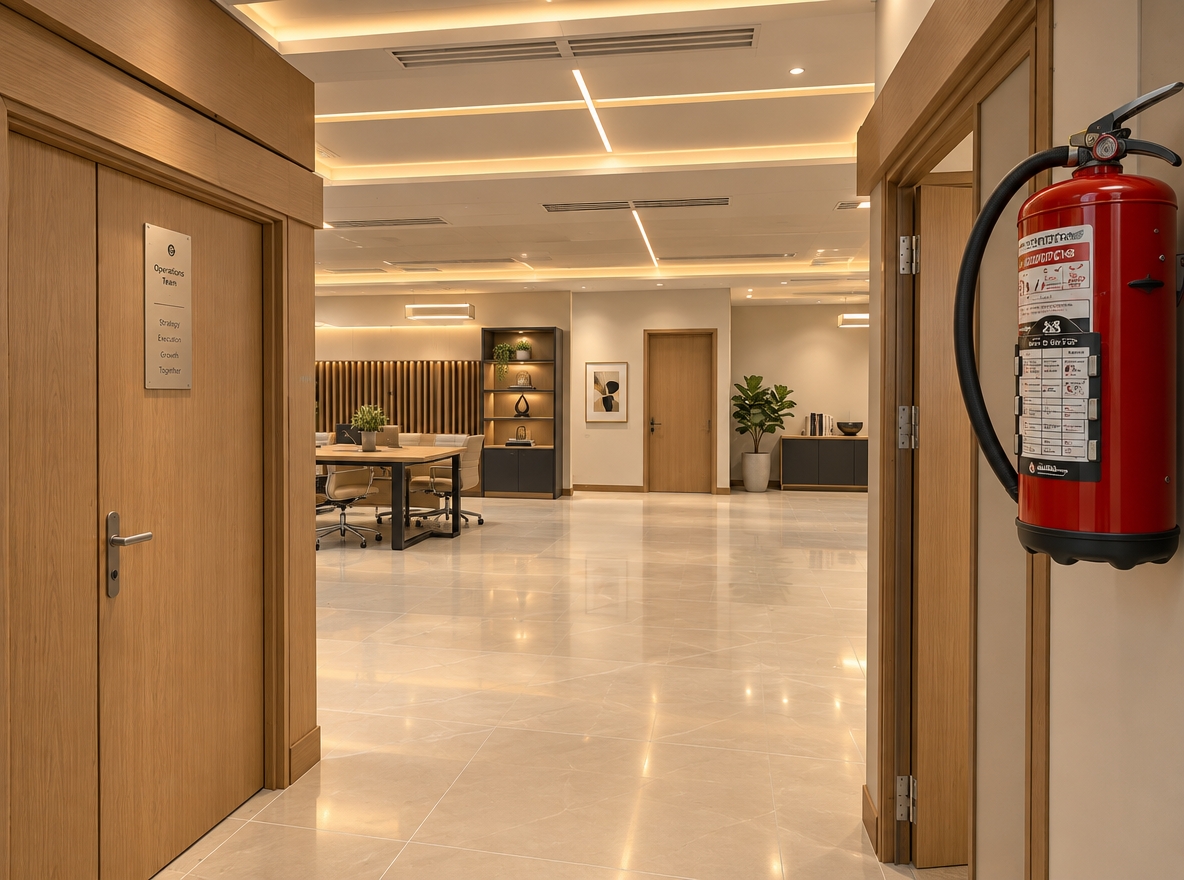 An incredibly lifelike, richly detailed, photorealistic wide-angle eye-level interior view of a reimagined modern luxury corporate office set in an expansive, high-end commercial suite. The scene is illuminated by soft, indirect 3200K architectural cove lighting, recessed linear LED profiles, and balanced spotlights, creating a warm, prestigious, and serene professional atmosphere. Captured with a full-frame camera and a 24mm tilt-shift lens, emphasizing the delicate grain of vertical natural oak wall paneling, sleek matte black accents, and the soft satin reflection across large-format ivory porcelain floor tiles.

Framed through the pristine entryway lined with rich wood-finished doors, the open-concept workspace unfolds into a masterclass of understated elegance and functional clarity. The dated ceiling has been replaced by a sculpted multi-level gypsum false ceiling featuring geometric recessed trays that wash the room in continuous warm hidden LED glows. In place of the former clutter, refined executive workstations featuring solid blonde wood tops and dark graphite steel frames anchor the room, complemented by tailored beige ergonomic leather chairs. Smooth cream and light taupe walls are accented by bespoke wood-slat architectural panels and integrated open shelving that houses minimalist art pieces and curated volumes. Vibrant indoor plants, including a sculptural fiddle-leaf fig in a matte ceramic planter, breathe life into the composition, culminating in a balanced, immaculately organized corporate environment designed for peak productivity and refined luxury.
