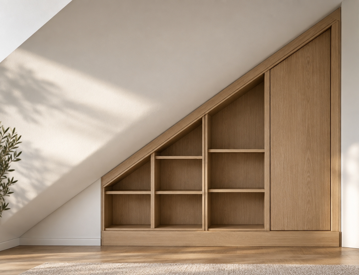 A straight-on architectural photograph translating the 2D blueprint into a finished custom-built storage unit precisely fitted under a sloped ceiling, preserving the exact geometry, compartments, and proportions. The cabinetry is realized in premium matte lacquered wood with realistic tactile grain, crisp shadow gaps along the doors, and solid internal shelving. Soft, directional ambient light enters from the side to create authentic three-dimensional depth, subtle specular highlights on the edges, and gentle contact shadows, captured on a clean 50mm tilt-shift architectural lens.