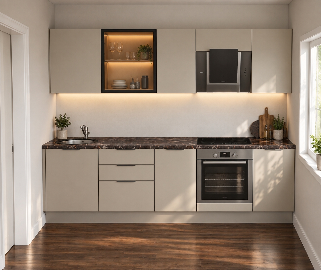 An eye-level interior architectural photograph of the kitchen matching the exact perspective and layout, captured on a 35mm lens with natural daylight pouring from the right window. The upper and lower cabinetry feature a smooth matte greige finish with subtle surface micro-texture, while the slim black-framed upper cabinet showcases bronze-tinted glass warmly illuminated from within. Warm under-cabinet LED lighting casts a soft, inviting glow over the clean white backsplash and the polished dark marble-effect countertop. The induction cooktop, oven, and sink hardware display authentic, subdued reflections across their glass, stainless steel, and matte black surfaces. Below, the dark hardwood plank floor reflects subtle ambient highlights, finished with natural depth of field, gentle lens falloff, and realistic photographic grain.