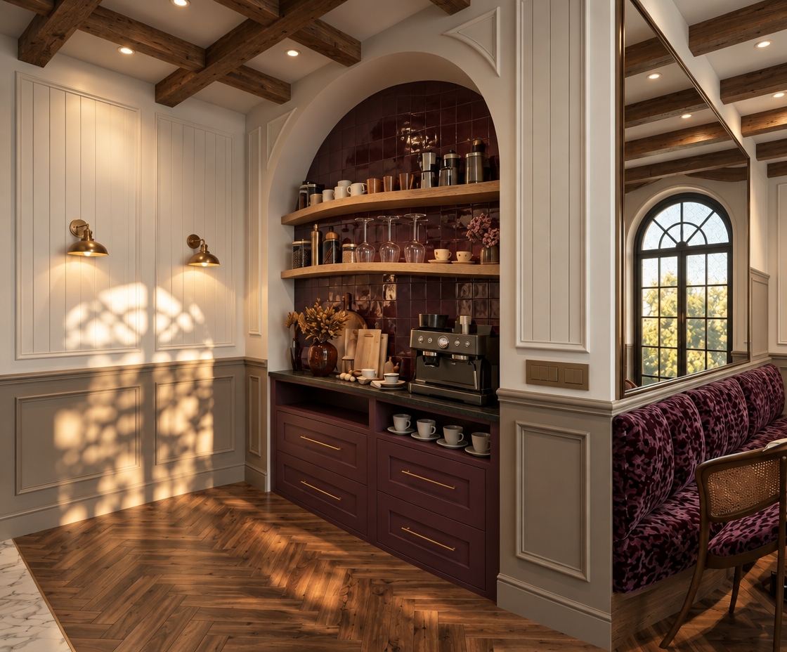 An architectural interior photograph of the elegant coffee nook, captured with a sharp 35mm lens with straight vertical lines and balanced exposure. Warm, dappled late-afternoon sunlight filters across the paneled wall, complemented by the soft 2700K glow of the brass sconces and recessed ceiling lights. The gloss of the deep plum arched tiles catches specular highlights, contrasting against the matte burgundy cabinetry and rich grain of the herringbone hardwood floor. The textured purple velvet banquette and glassware reflect cleanly in the polished full-height mirror. Faint lens falloff, natural surface micro-textures, and subtle film grain complete the authentic, high-end editorial look while preserving the exact layout and composition.