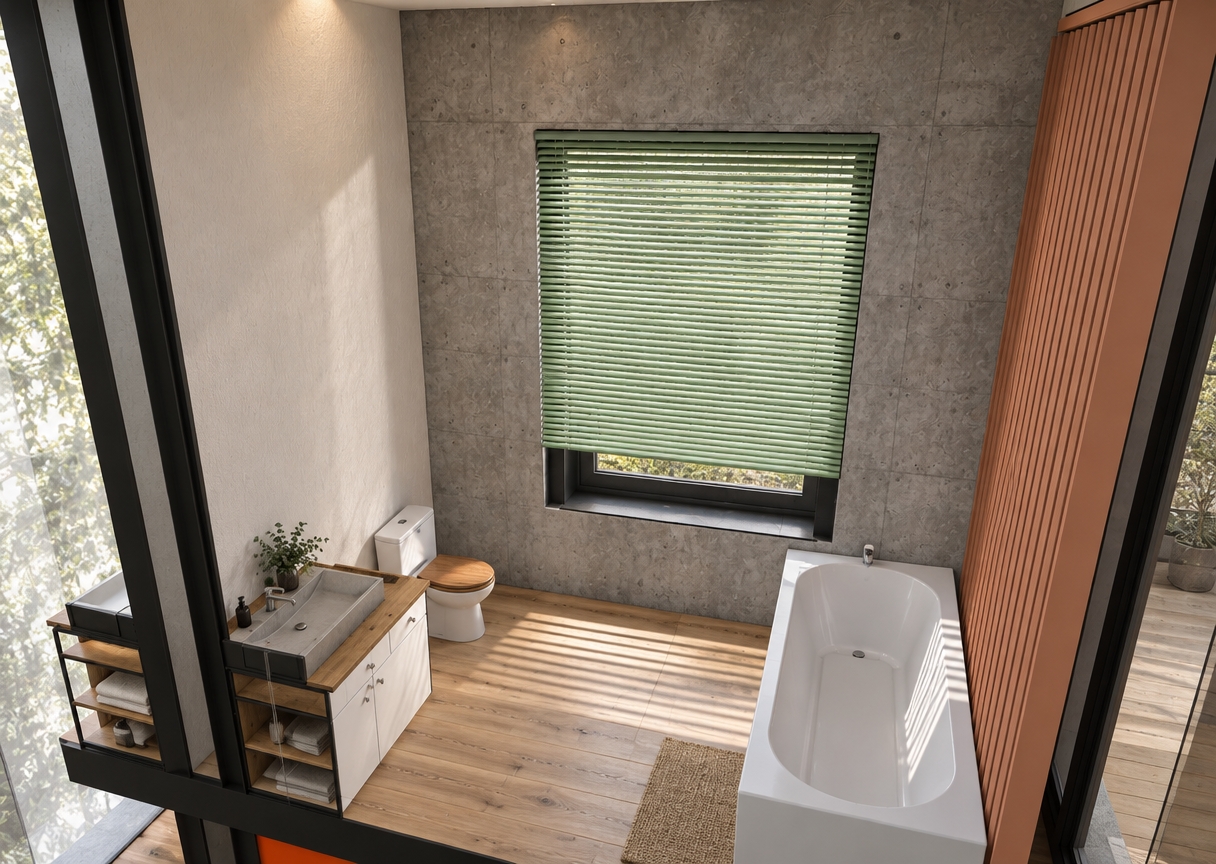 A crisp architectural photograph capturing the cutaway view of this loft-style bathroom, preserving the exact geometry, perspective, and elevated angle. The back wall is rendered as authentic raw polished concrete with subtle tonal variations, while the light wood plank floor shows realistic tactile grain and soft ambient reflections. Cool, diffused daylight filters gently through the pale green window blinds, casting soft linear shadows, balanced by subtle warm overhead fill that glints off the matte black and chrome plumbing fixtures. The bathtub exhibits smooth enameled porcelain finishes, contrasted by the ribbed texture of the warm terracotta partition wall and the dark powder-coated steel framing. Shot with a wide tilt-shift architectural lens, sharp edge-to-edge focus, natural color grading, and subtle atmospheric depth, turning the layout into a finished, tangible interior space.